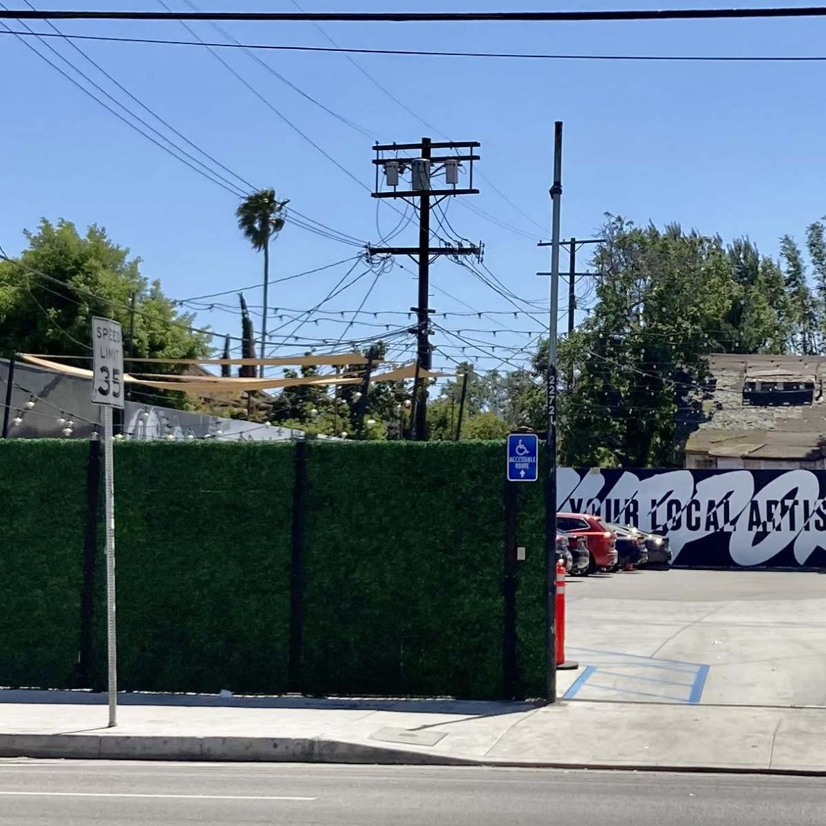 A street scene with a green fence in the foreground, power lines overhead, and a mural that reads "Your Local Artist" on a building in the background.