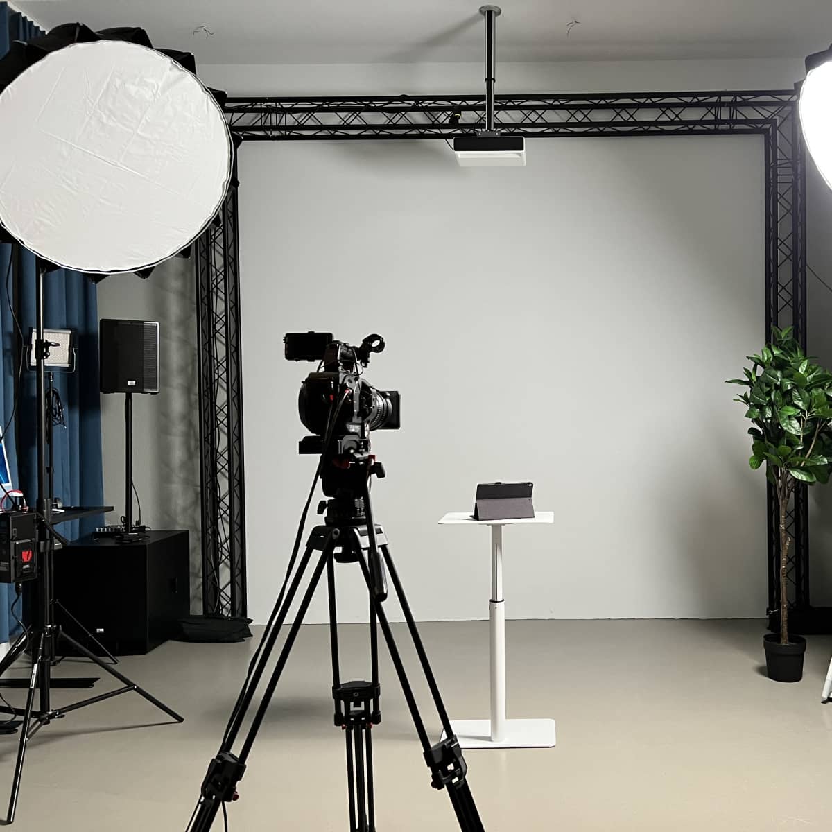 A photography studio setup features two cameras on tripods, a white backdrop, lighting equipment, and a small table with a plant and a black object on it.
