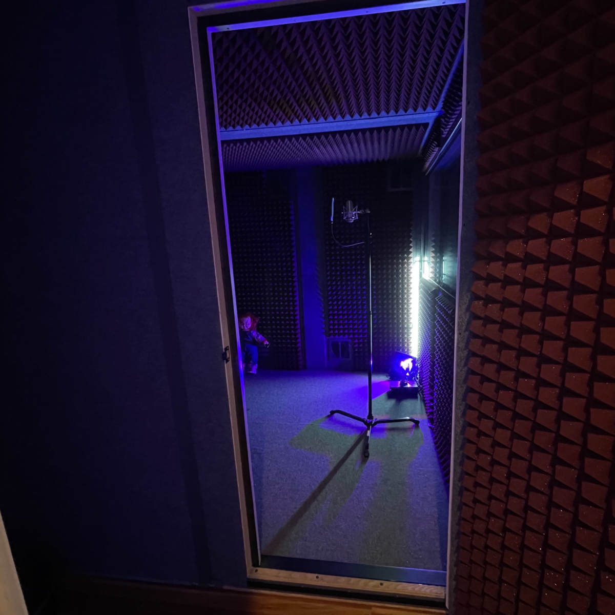 An interior view of a soundproof recording studio with a microphone stand and dim lighting.