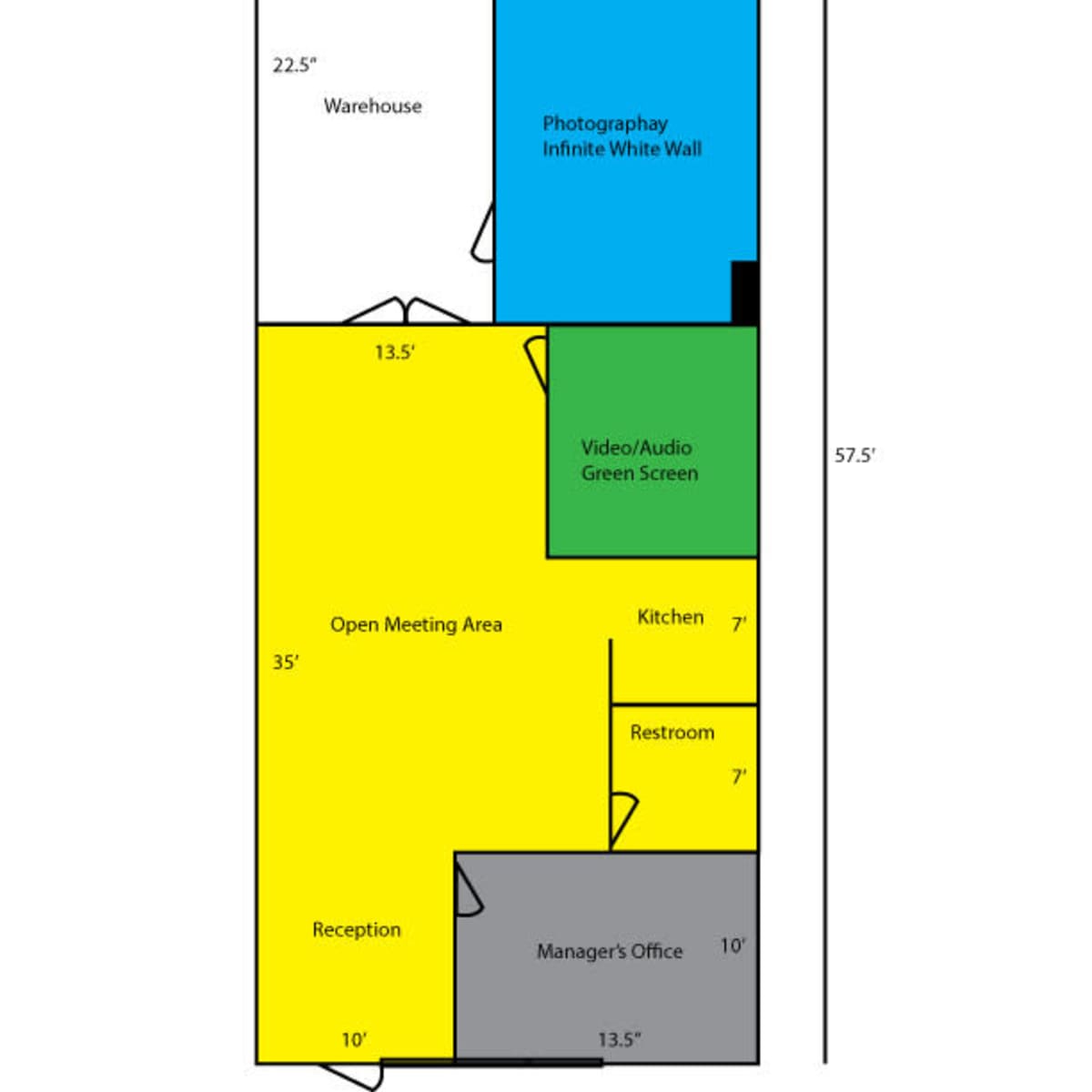 A floor plan with labeled areas, including a warehouse, photography space, video/audio room, open meeting area, kitchen, restroom, reception, and manager's office, all dimensions provided.