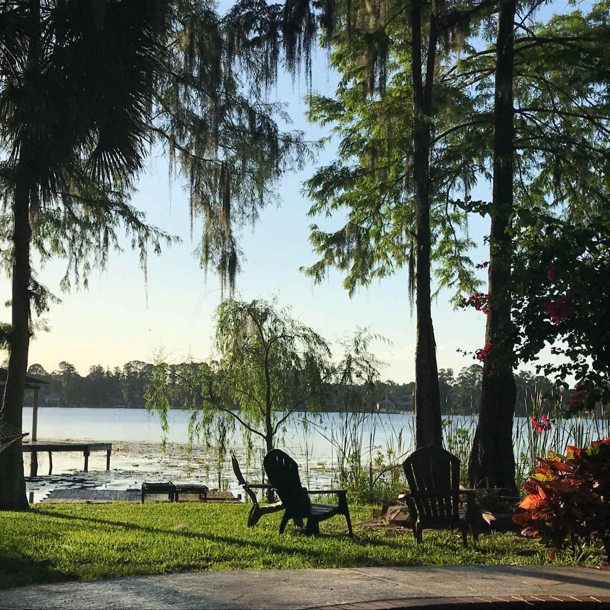 A tranquil lakeside scene with a dock, hammocks, and chairs surrounded by trees.