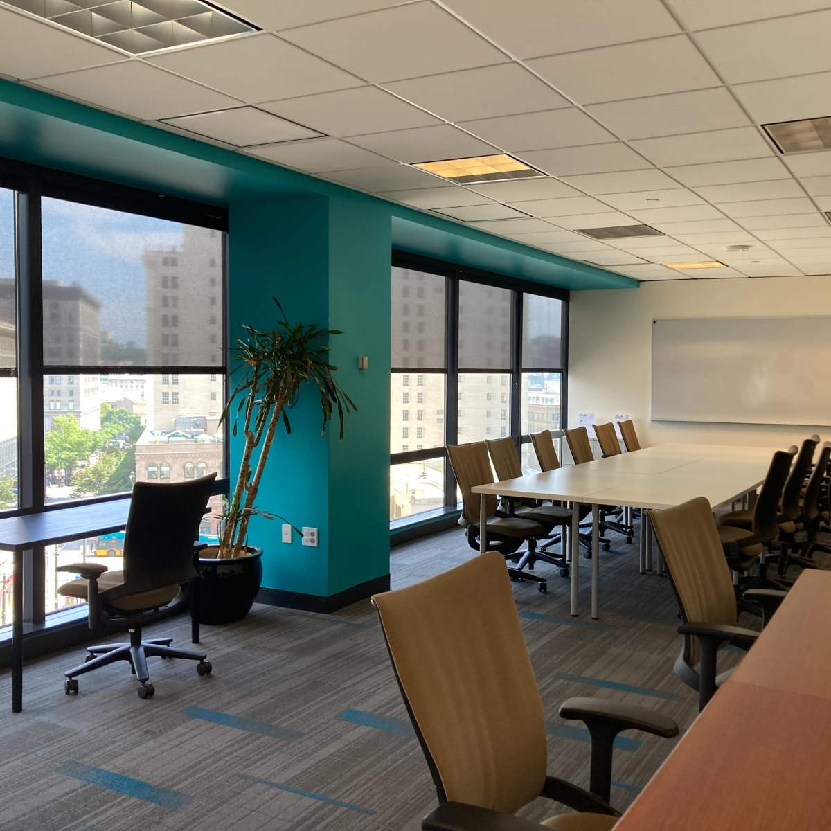 A conference room with large windows, a long table, and multiple chairs is shown, alongside a desk and greenery.