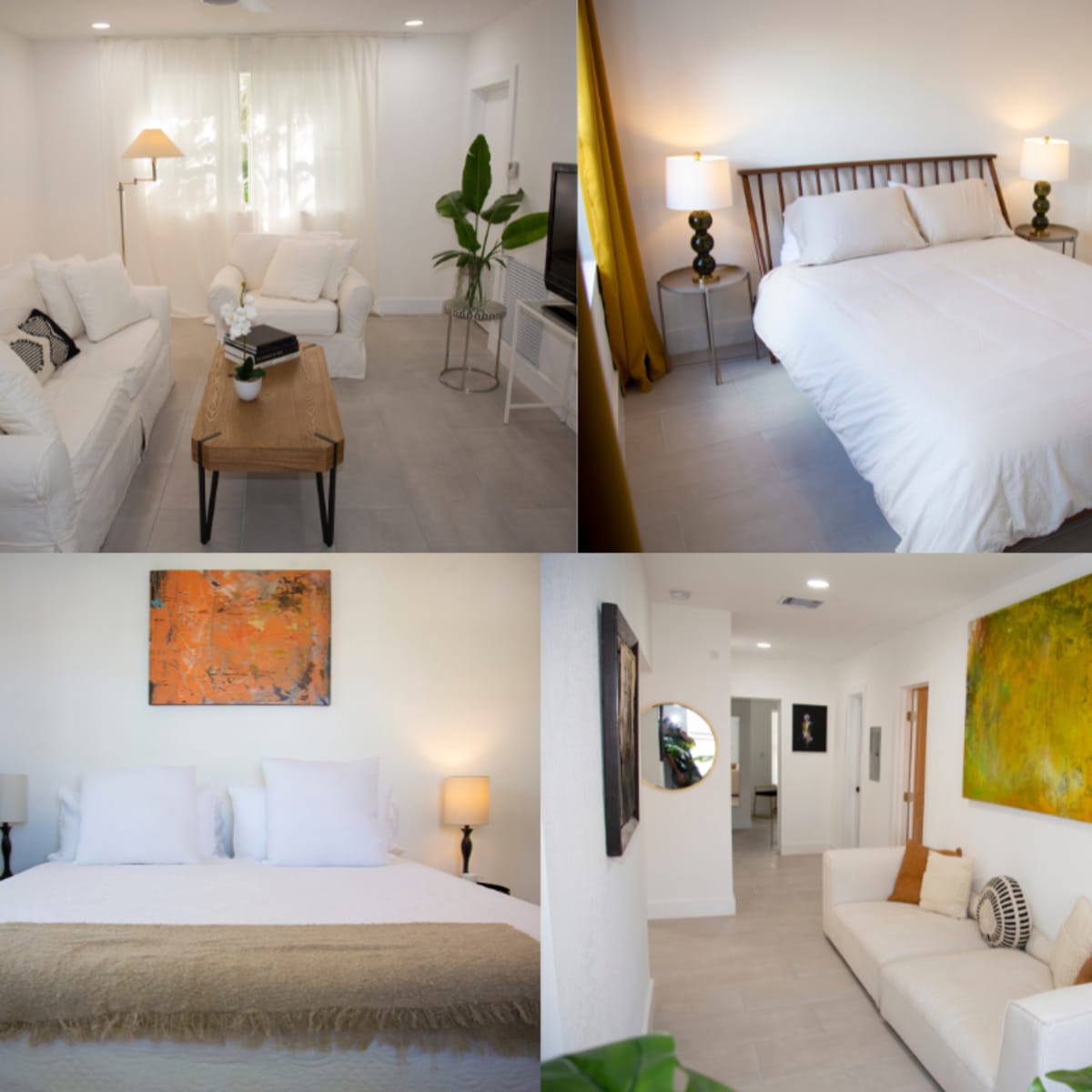 Four different views of a bright, modern interior featuring white furniture, neutral color tones, and decorative plants.