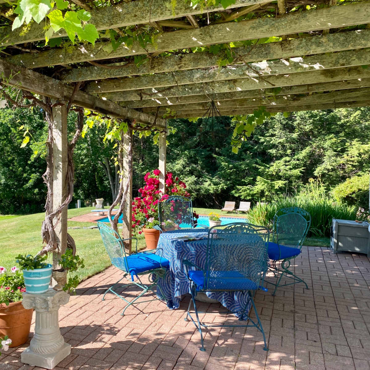 A patio area with blue metal furniture, a table covered with a blue tablecloth, and lush greenery surrounding a stone path and flower pots.