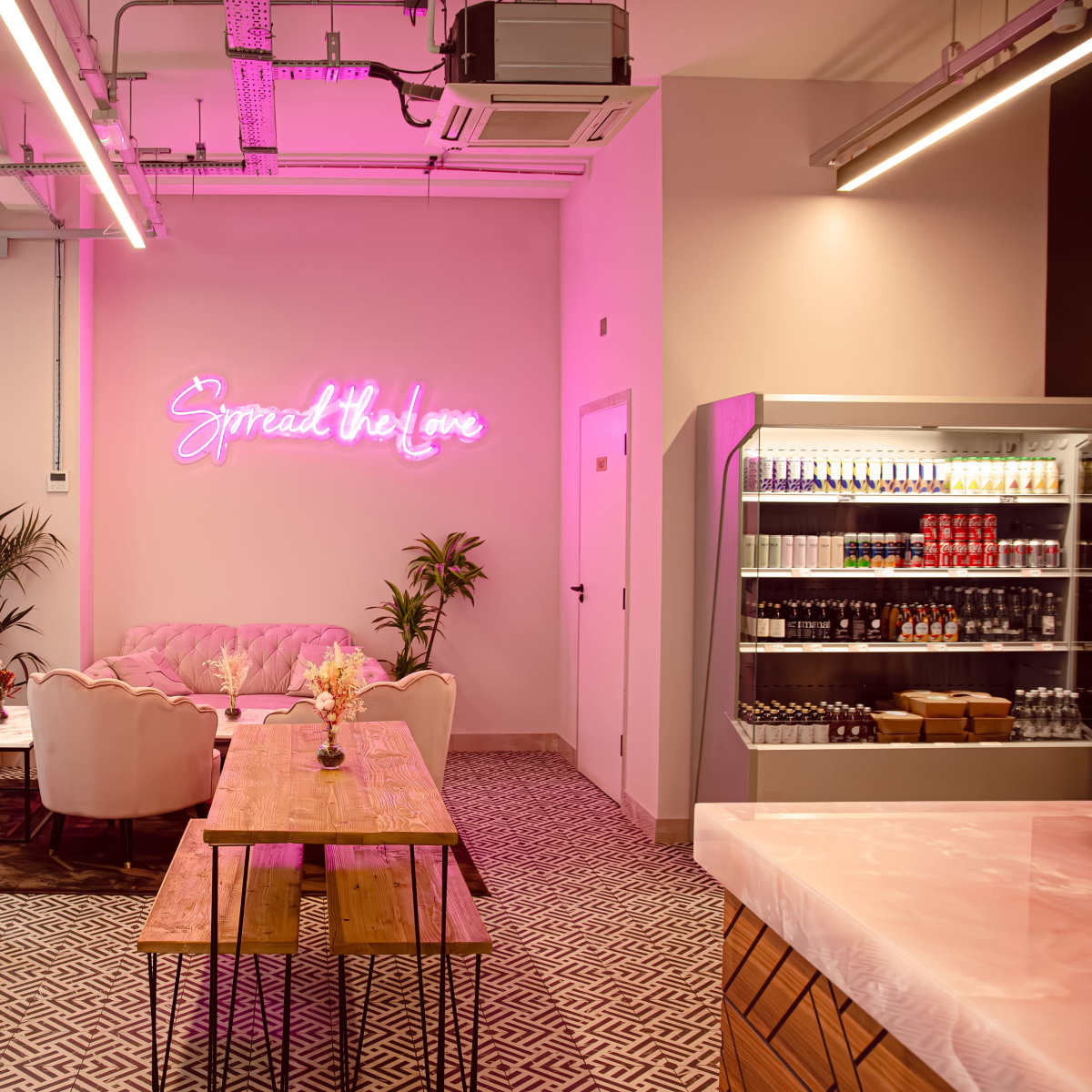 Sunny High Holborn Cafe with Chic Pink Accents in London Image in Holborn, London, ENG