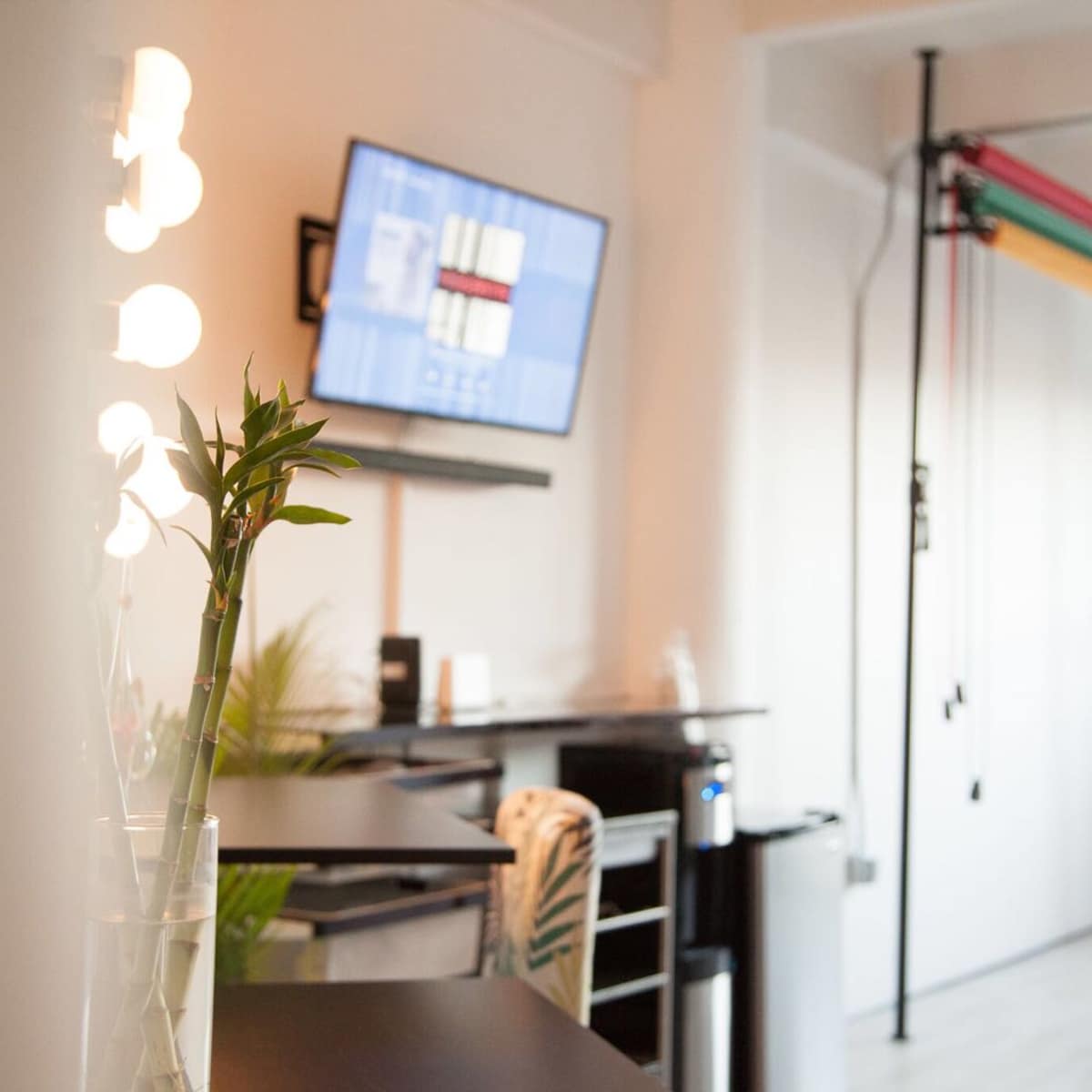A modern interior features a table with a green plant, a wall-mounted television displaying graphics, and exercise equipment in the background.