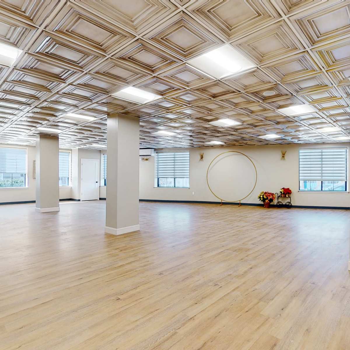 A spacious, well-lit room with a decorative ceiling, wooden flooring, and large windows along one wall, featuring a circular structure and potted plants in the corner.
