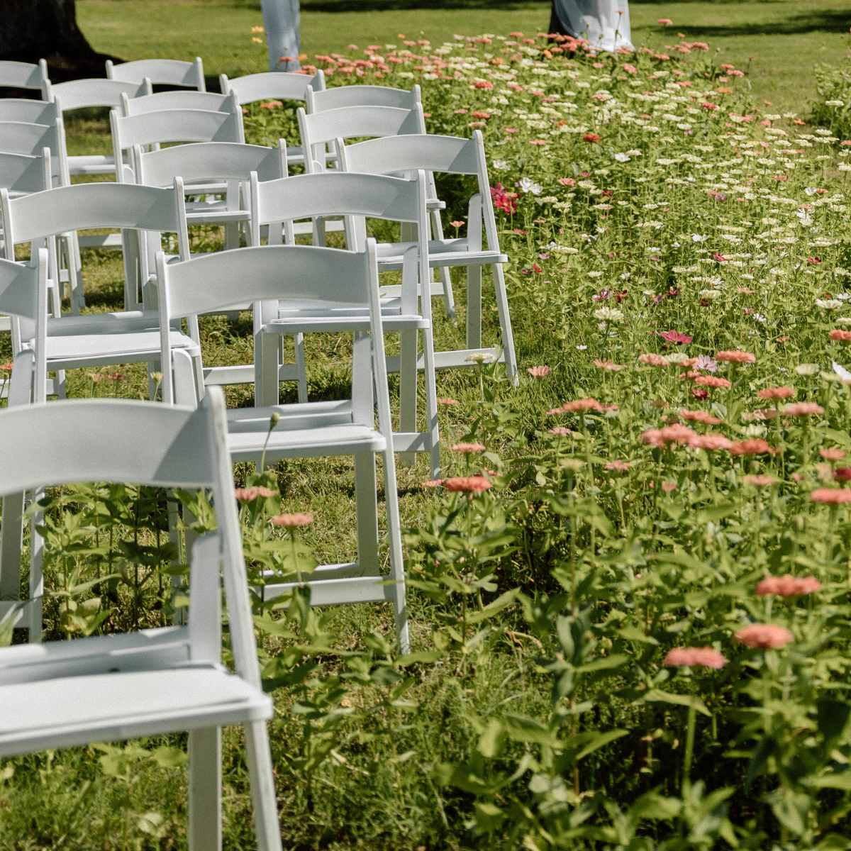 White chairs are arranged in a grassy area surrounded by blooming flowers.