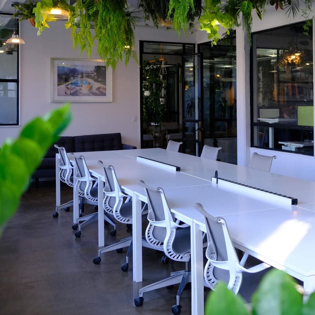 A long, white conference table with several ergonomic chairs is set in a brightly lit room adorned with hanging plants and large glass doors.