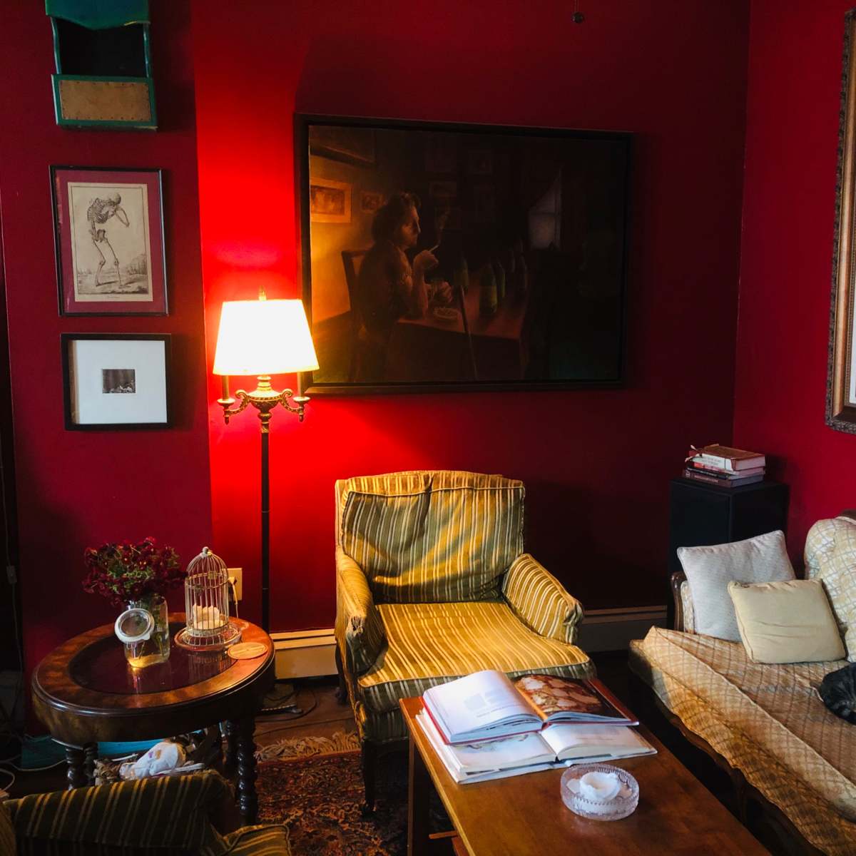 The room features red walls, a lamp illuminating a seating area with striped chairs, a coffee table with an open book, and a cat resting on a sofa.