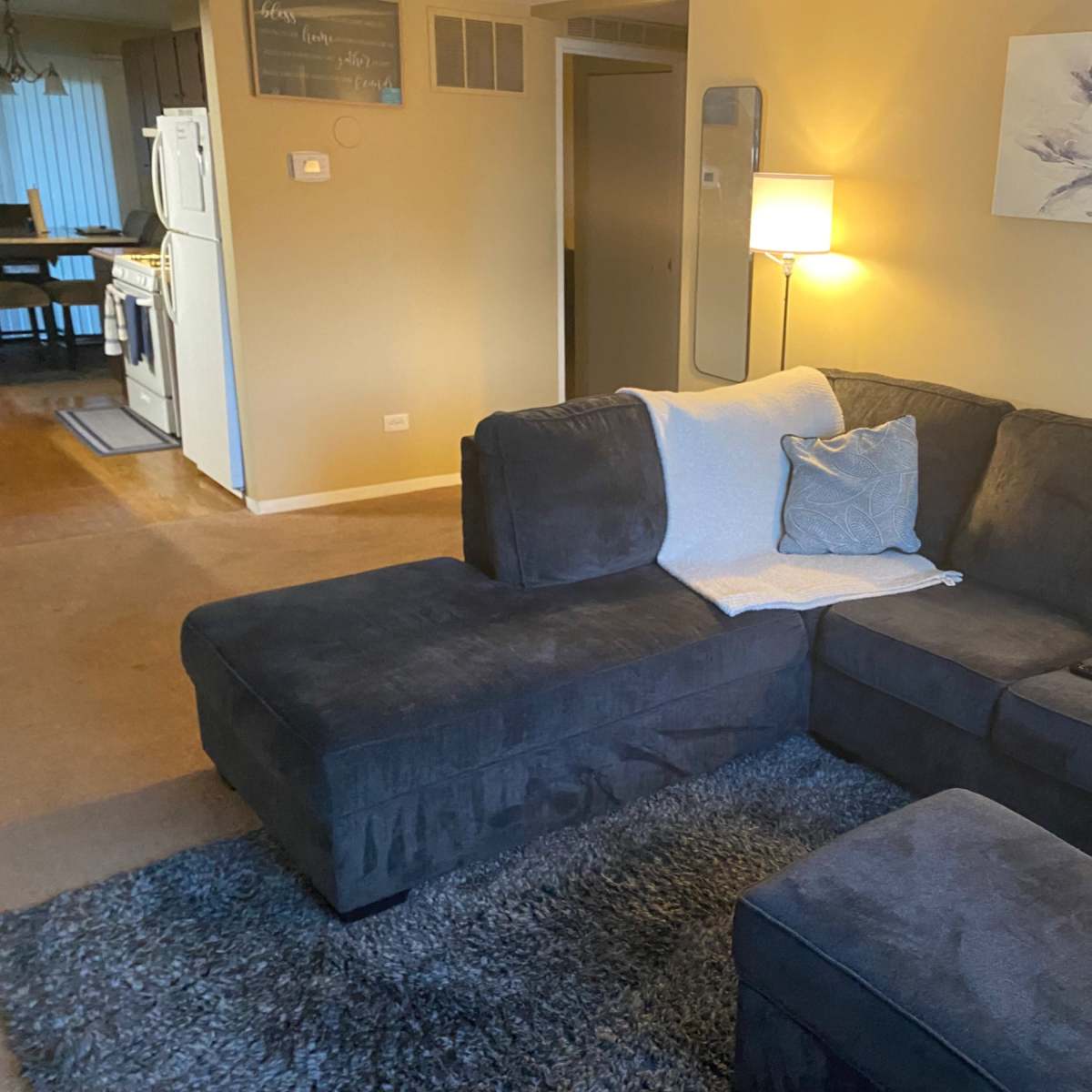A gray sectional sofa with a light blanket draped over it, positioned in a cozy living room with a lamp and a painting on the wall.