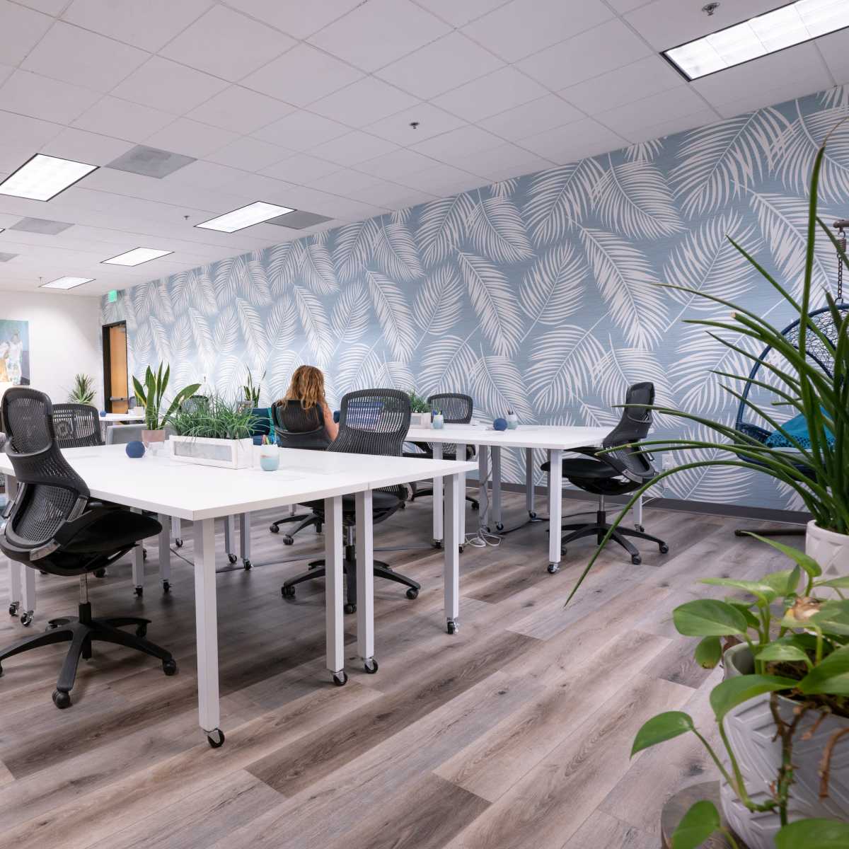 A modern office space with several work desks, plants, and decorative wall art.