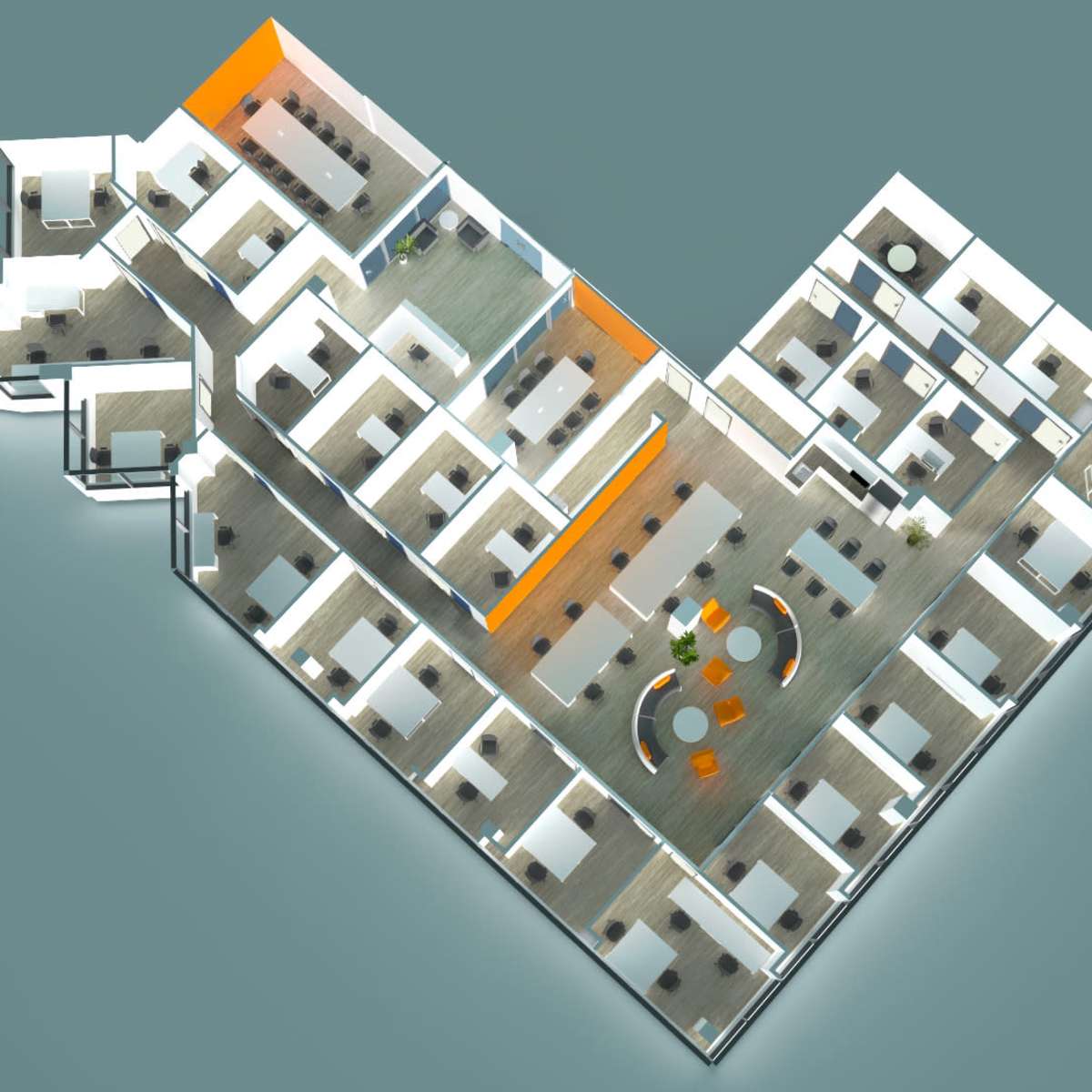 A floor plan of an office layout designed in the shape of a heart, featuring various workstations, meeting rooms, and collaborative spaces.