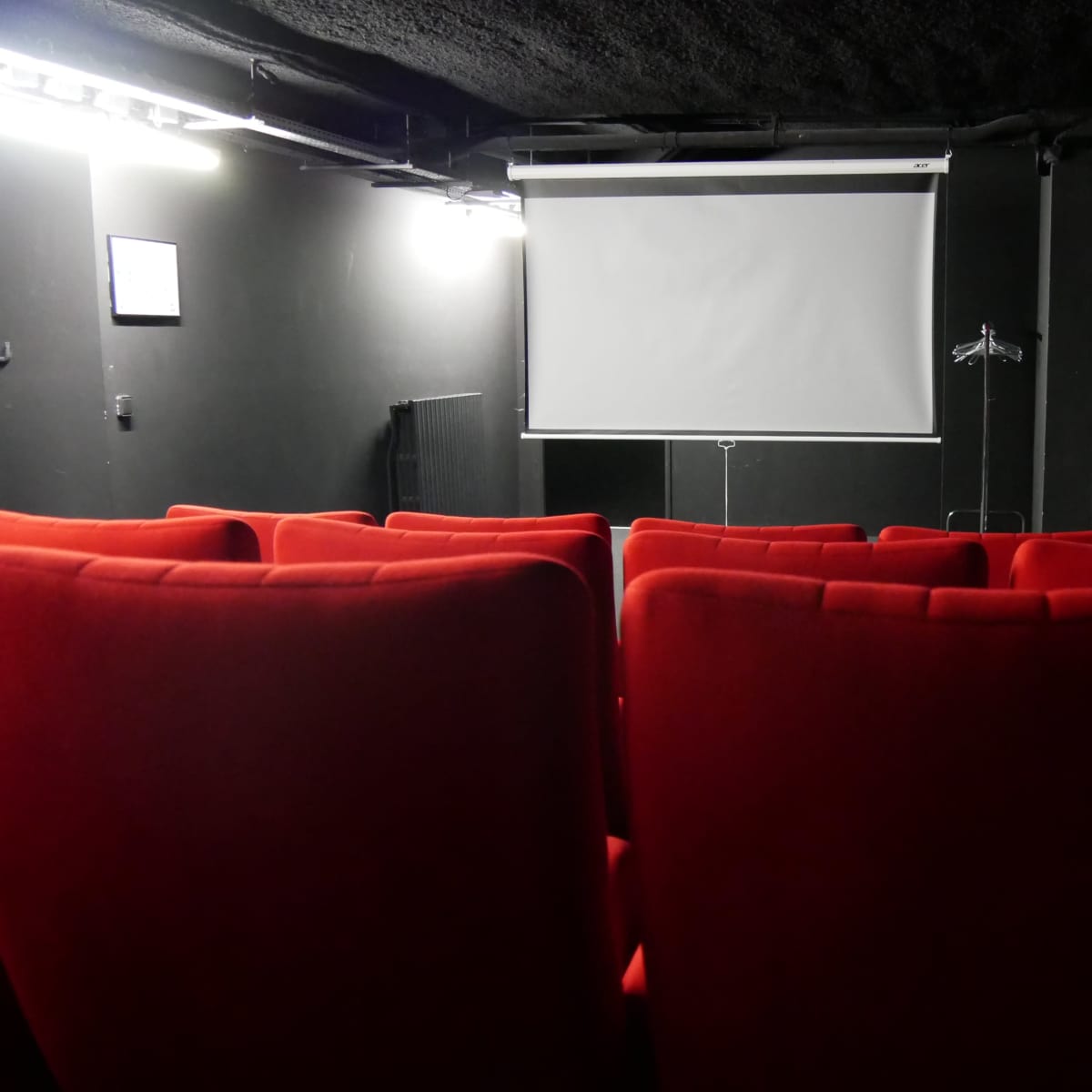 An empty small theater with red seating facing a blank white projection screen.