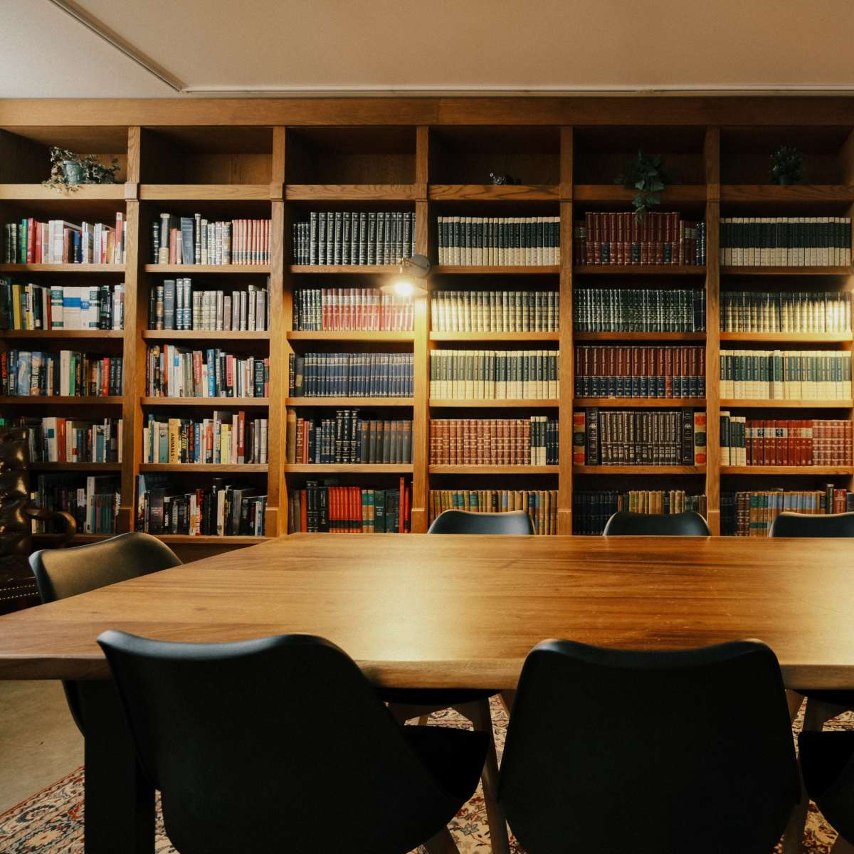 A large wooden table is surrounded by black chairs facing a wall of bookshelves filled with various books and illuminated by two lamps.