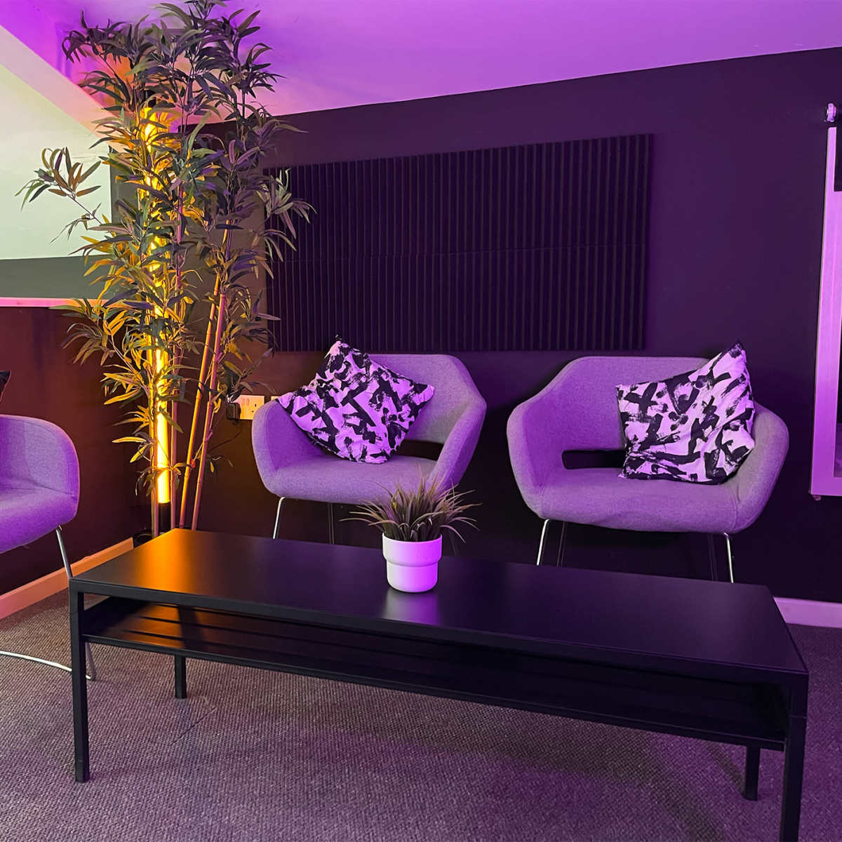 A stylish seating area with two gray chairs, a black coffee table, and a potted plant, all set against a backdrop of purple lighting and dark walls.