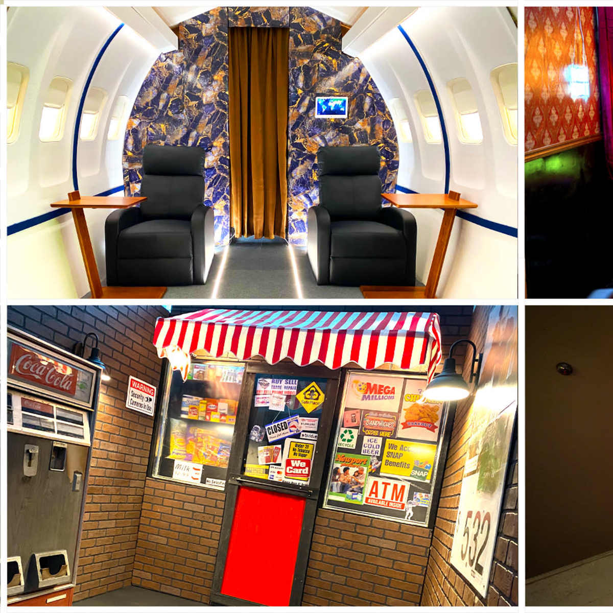 Two distinct scenes: the top left features the interior of a private jet with two seats and a television screen, while the top right displays a vibrant casino area with slot machines and a bar; the bottom left depicts a faux storefront with a red door and various signage, and the bottom right