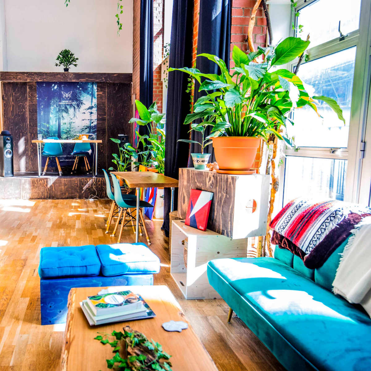A bright and modern interior space with wooden flooring, plants, a blue couch, a wooden table, and a backdrop featuring a forest scene.