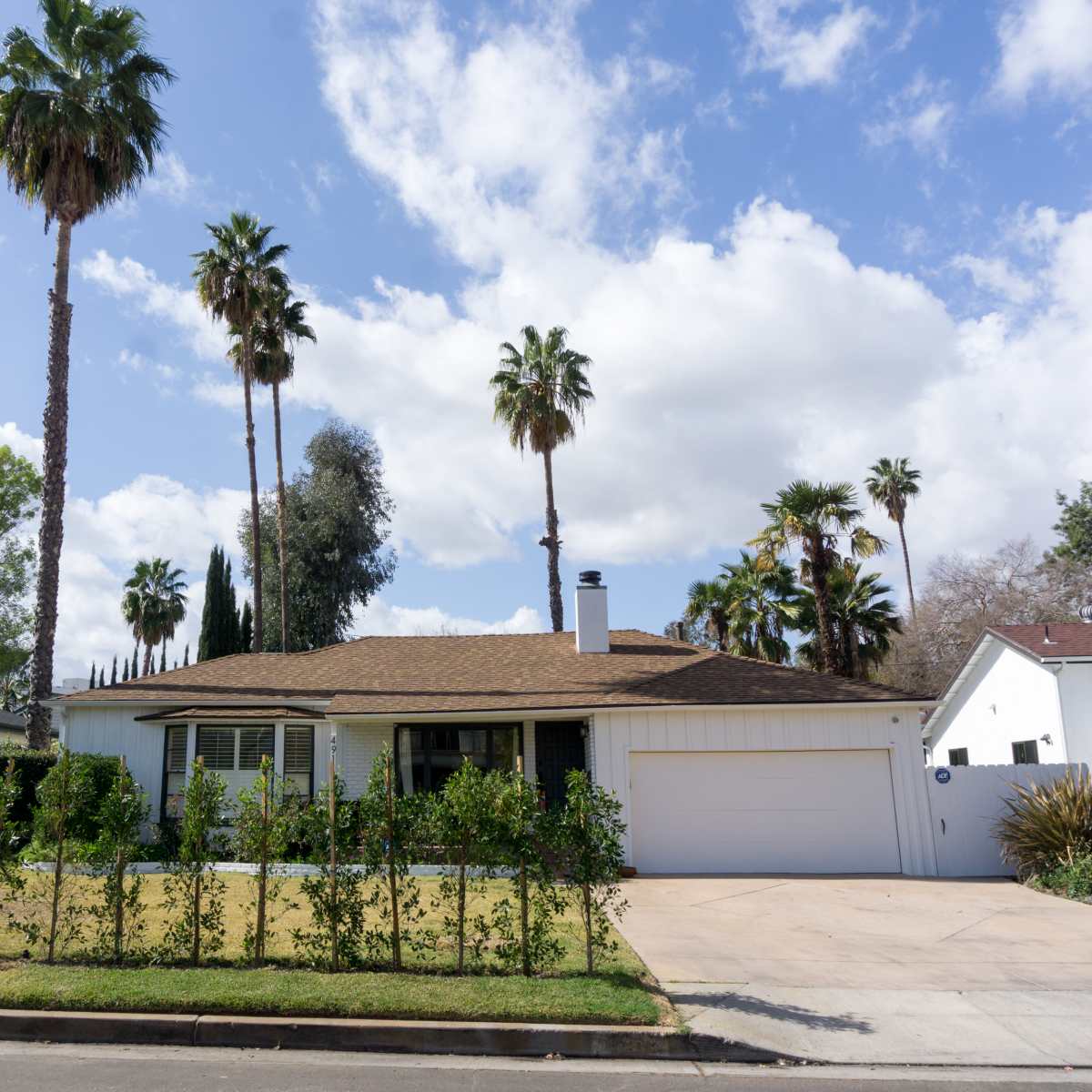 A single-story house with a brown roof is surrounded by palm trees and a low hedge along the front yard.