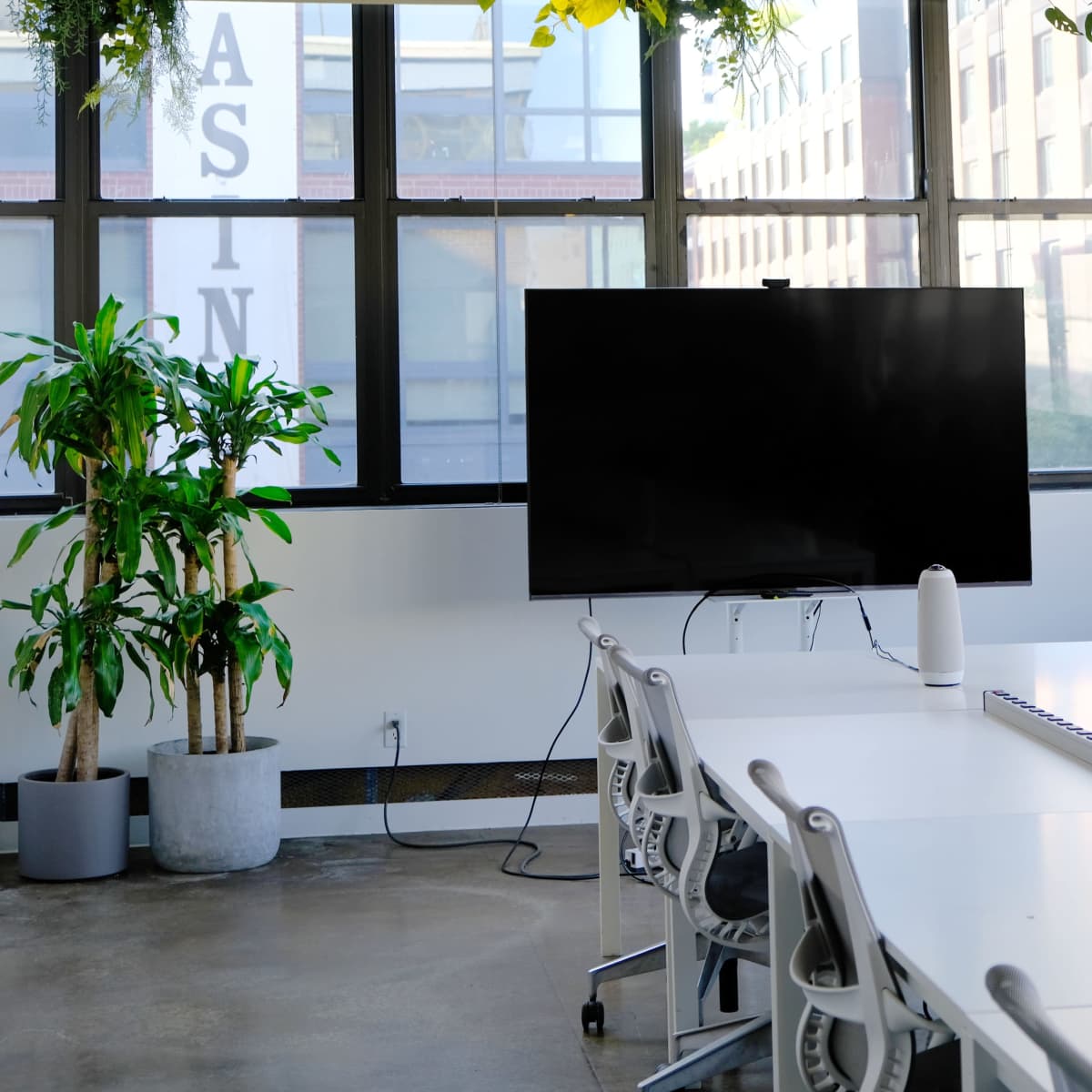 A modern conference room features a large screen, white tables, and several potted plants.