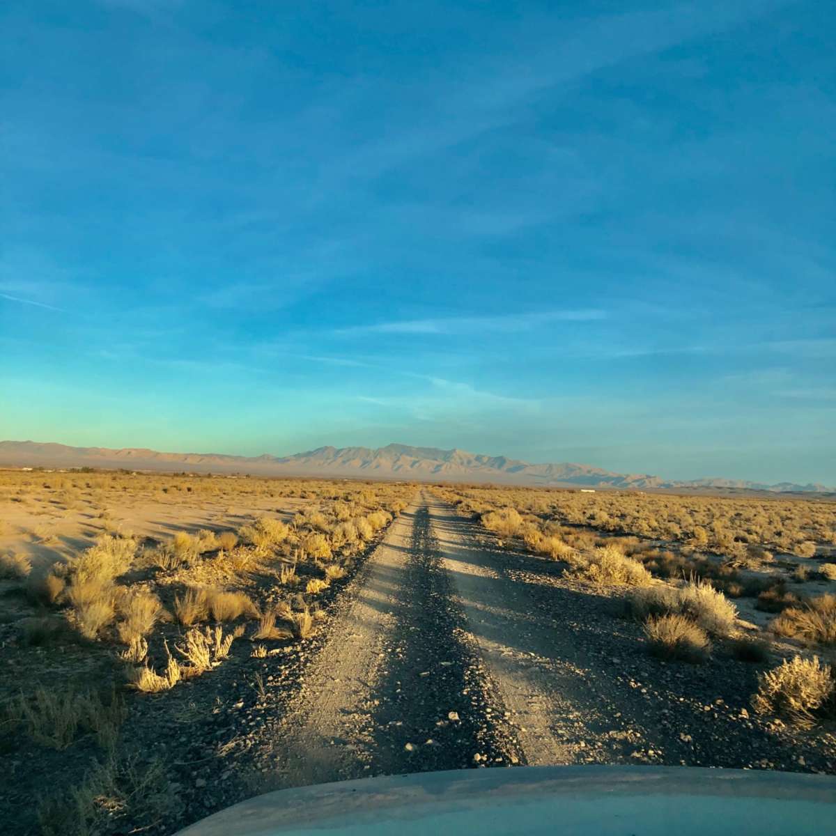 A gravel road stretches through a vast, open landscape under a clear blue sky.