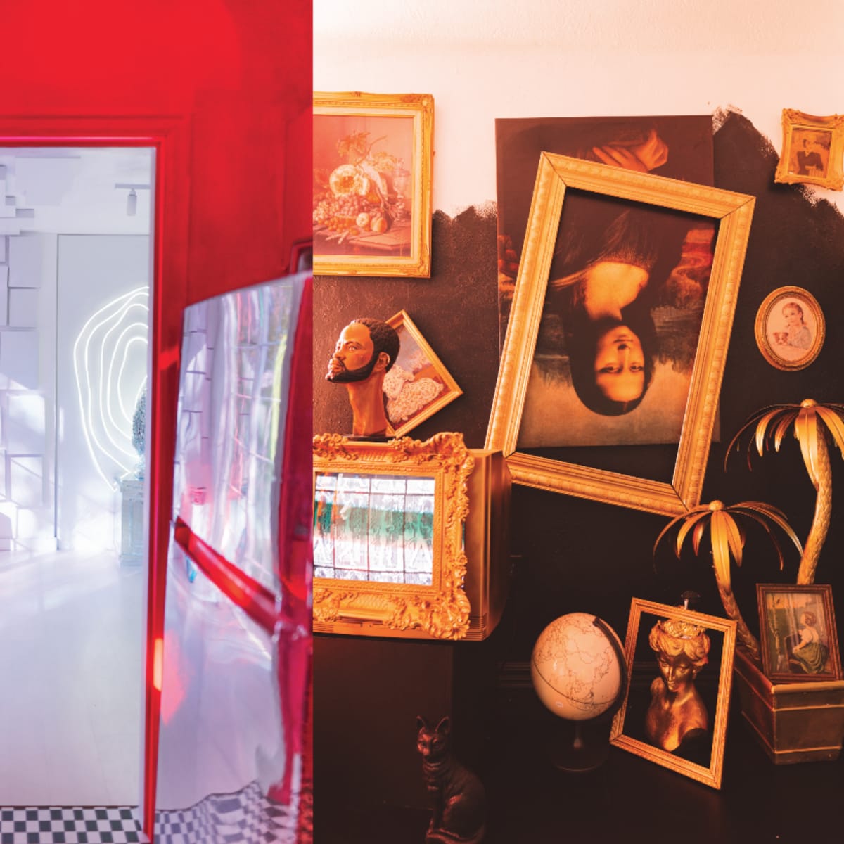 Three distinct scenes: the left displays a framed artwork with a bright object and handbag on a table, the center shows an open doorway leading to a brightly lit room, and the right showcases a wall adorned with various framed art pieces and decorative items.