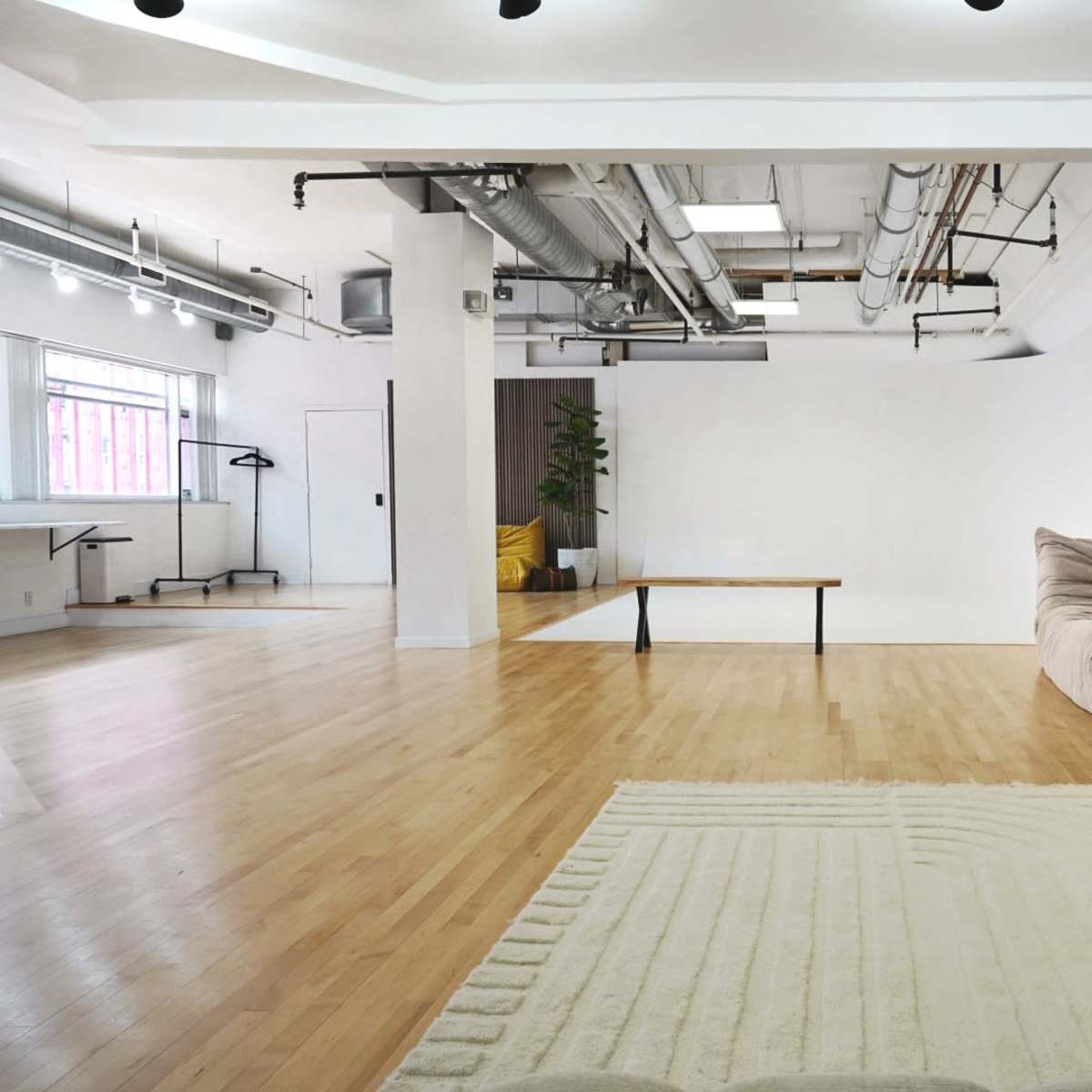 A spacious, minimalist room featuring a light-colored sofa, a wooden coffee table, a large area rug, and windows allowing natural light.