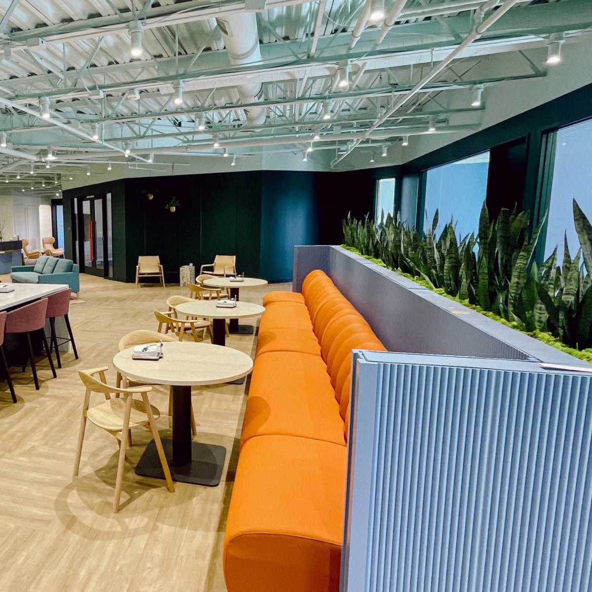 A modern, open-layout cafe with a long white counter, seating areas featuring a mix of tables and an orange couch, and large windows overlooking greenery.