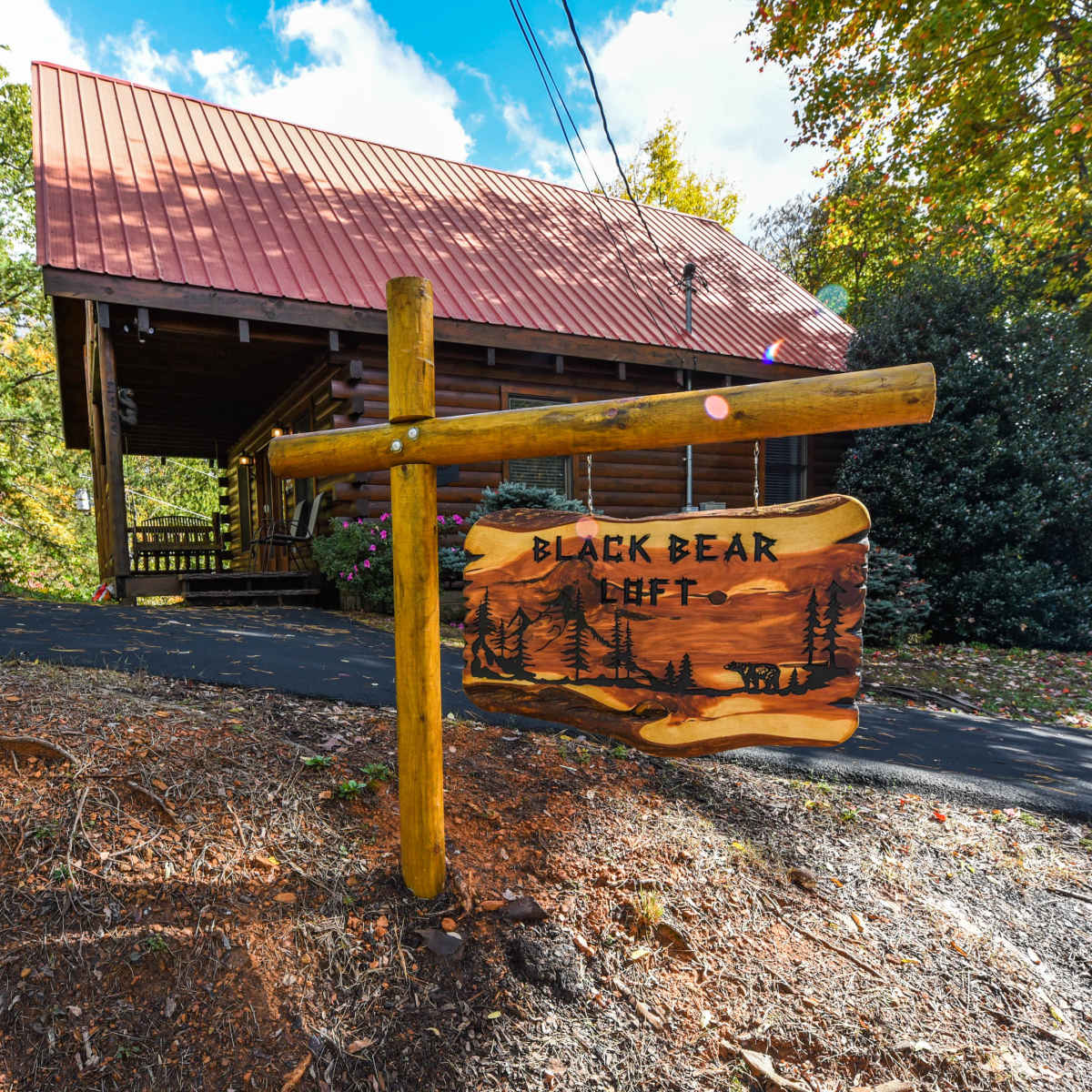 A wooden sign reading "Black Bear Left" stands at the entrance to a log cabin with a red metal roof surrounded by trees.