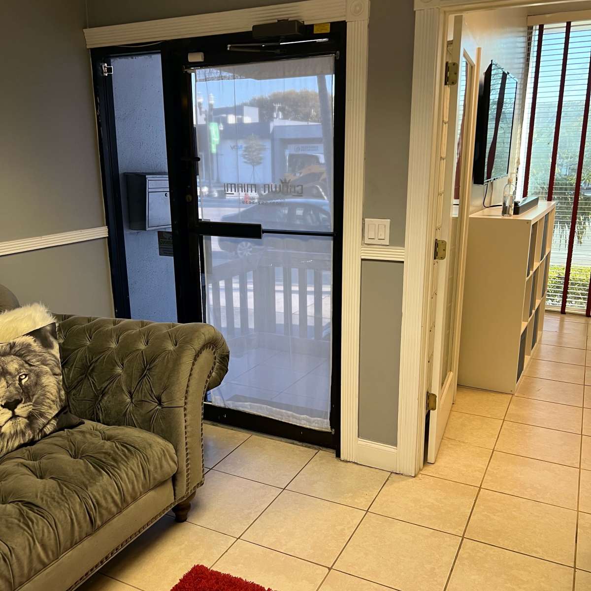 A lobby area with a green couch, a red rug, and a glass door leading outside.