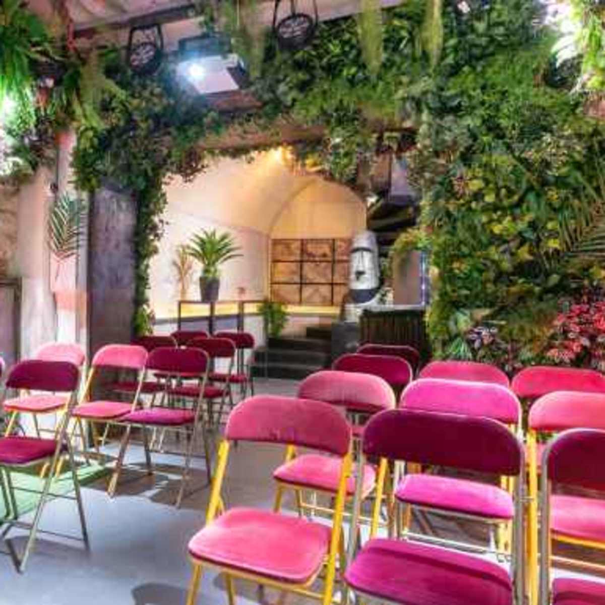 A small indoor space features rows of pink chairs set up in front of a backdrop adorned with greenery and stone walls.