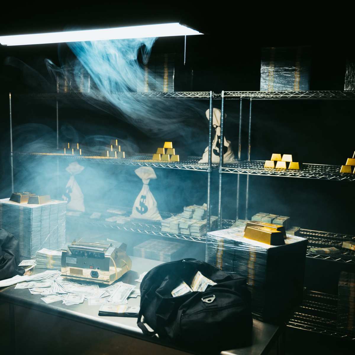 A dimly lit room filled with stacks of cash, gold bars on shelves, and two bags on a table.