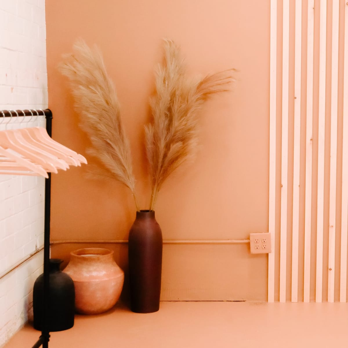 A minimalist interior featuring a wooden wall, two vases, pampas grass, and a clothing rack with hangers.