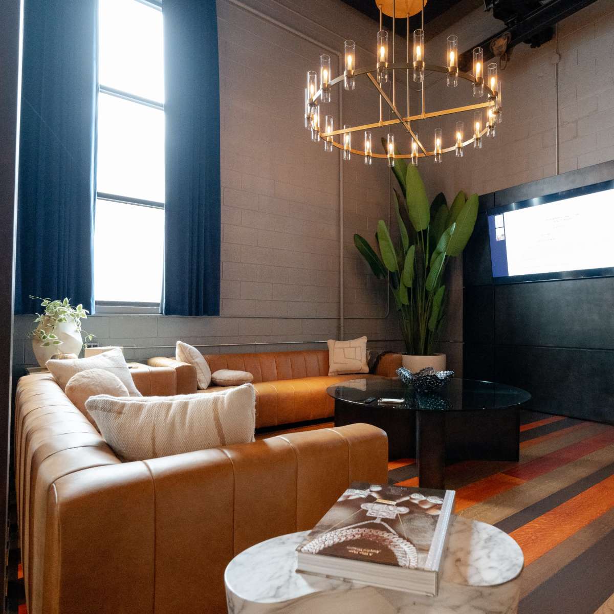 A modern living room with a leather sofa, a circular glass coffee table, a large plant, a wall-mounted television, and a decorative bookshelf.