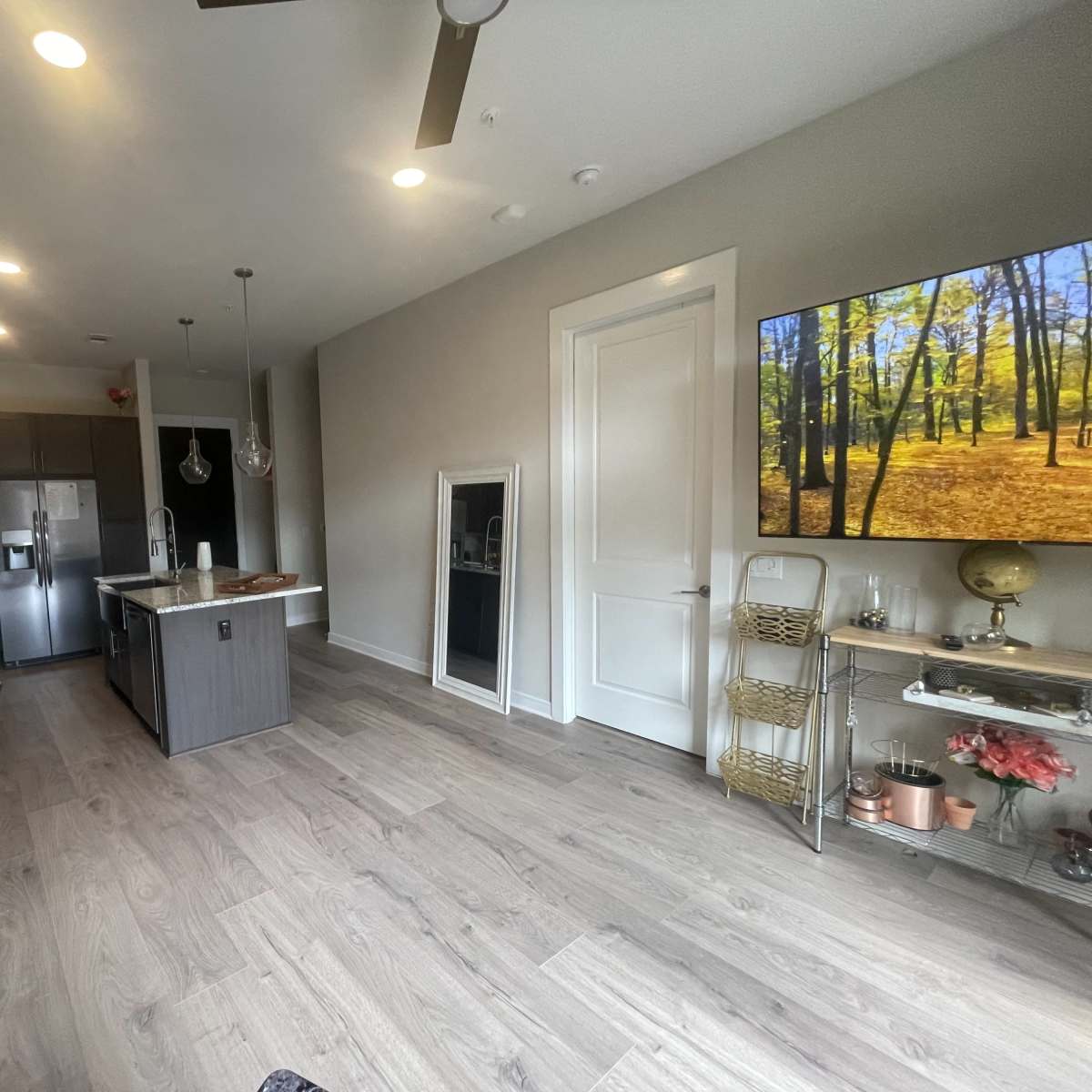 A modern kitchen and living area with gray cabinetry, a central island, and a large wall-mounted television displaying a nature scene.