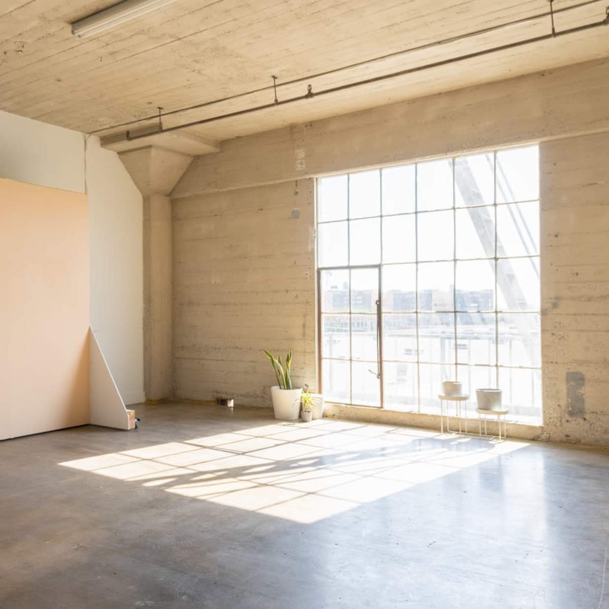 A spacious room with a large, plain backdrop on wheels and a window letting in natural light, illuminating a small plant and two chairs in the corner.