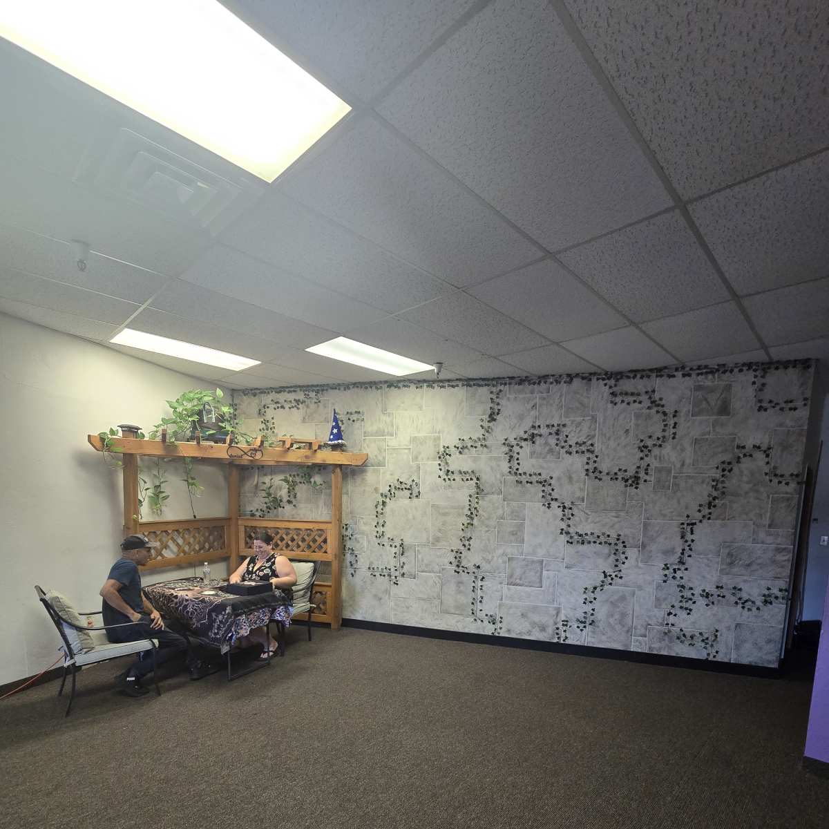 A sparsely furnished room with a table and two chairs on a carpeted floor, featuring a decorated wall and a wooden shelf with plants.