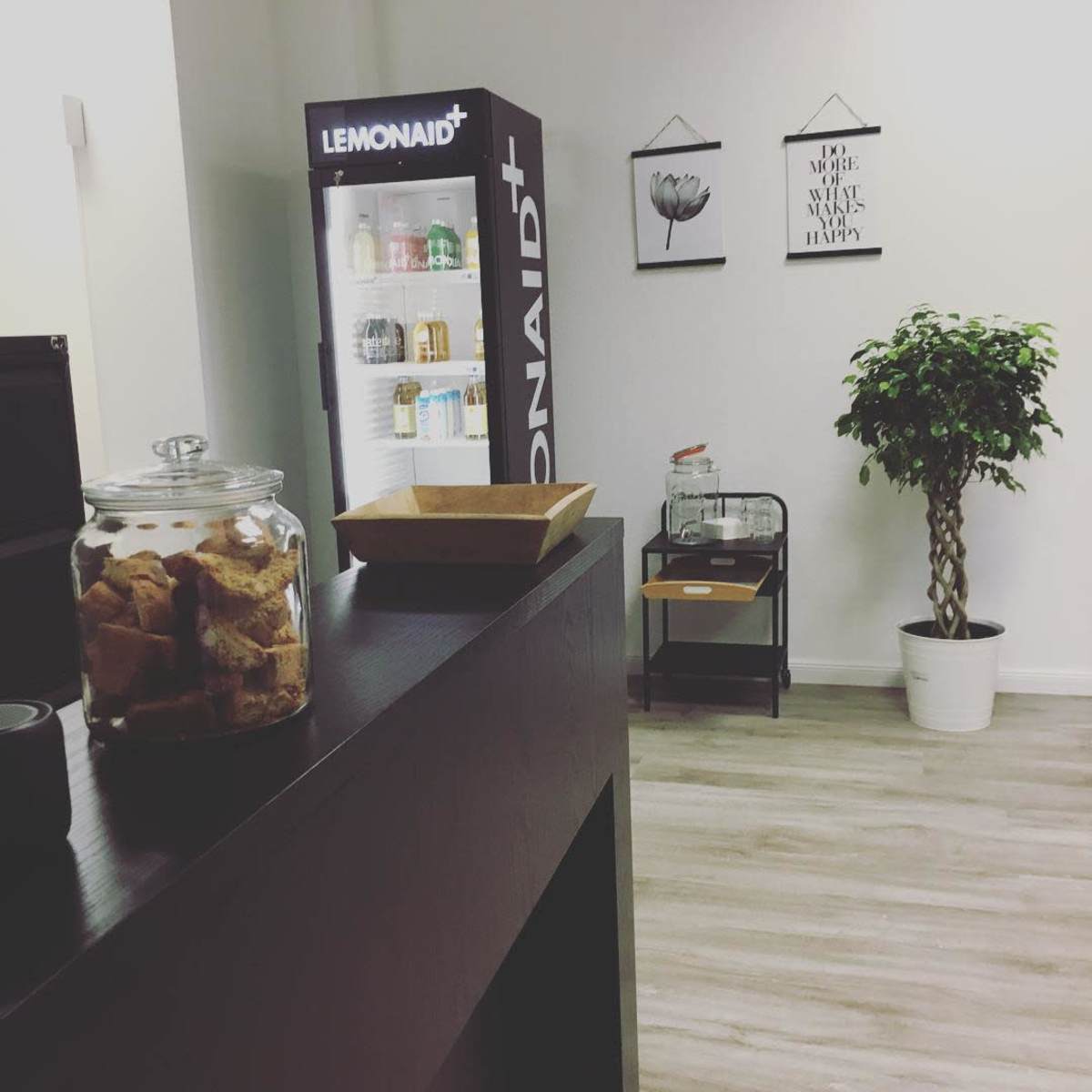 A bright, modern room with a glass-fronted refrigerator, a plant in a white pot, and a table displaying snacks.