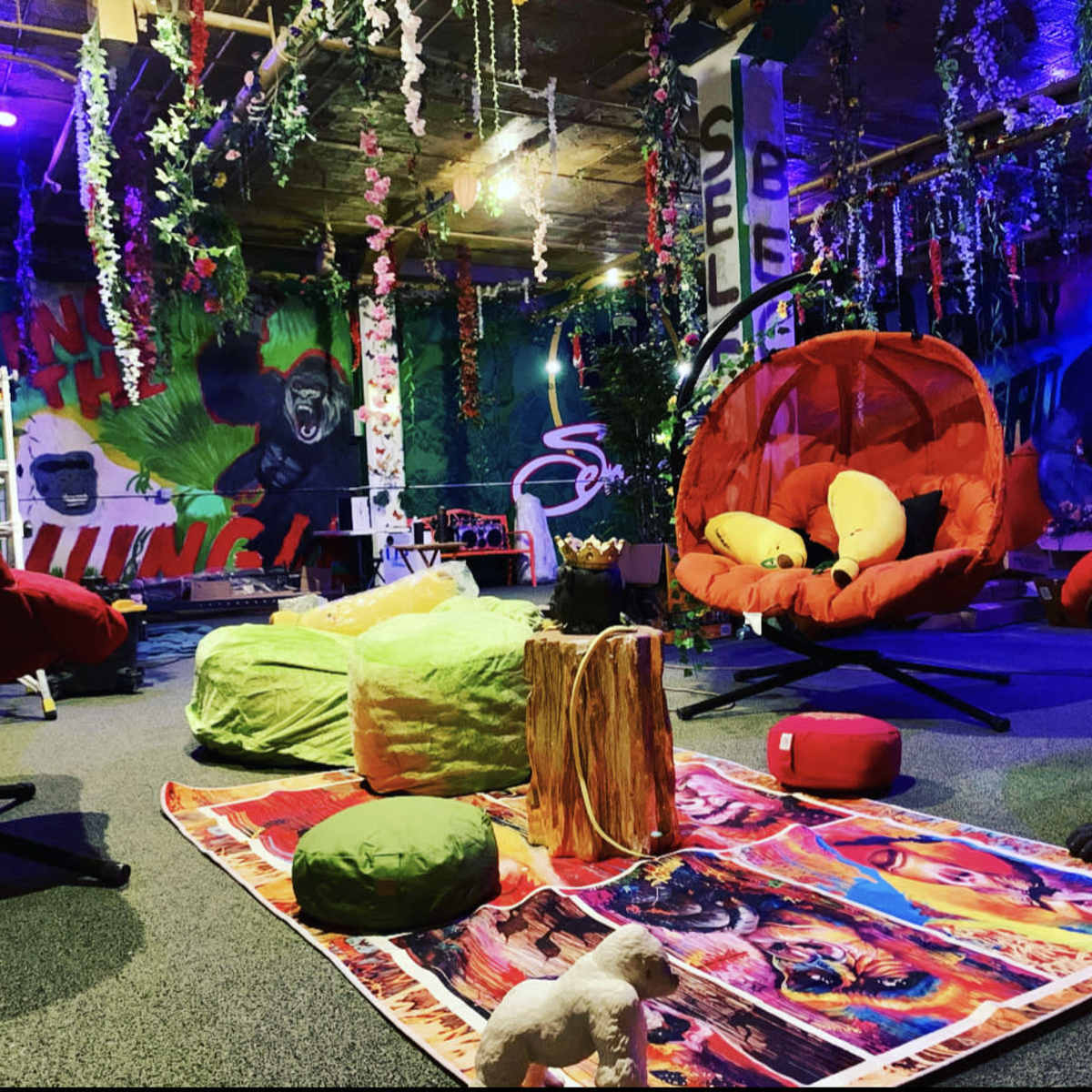 A colorful indoor lounge area with hanging foliage, vibrant murals, and various seating options, including round chairs and bean bags.