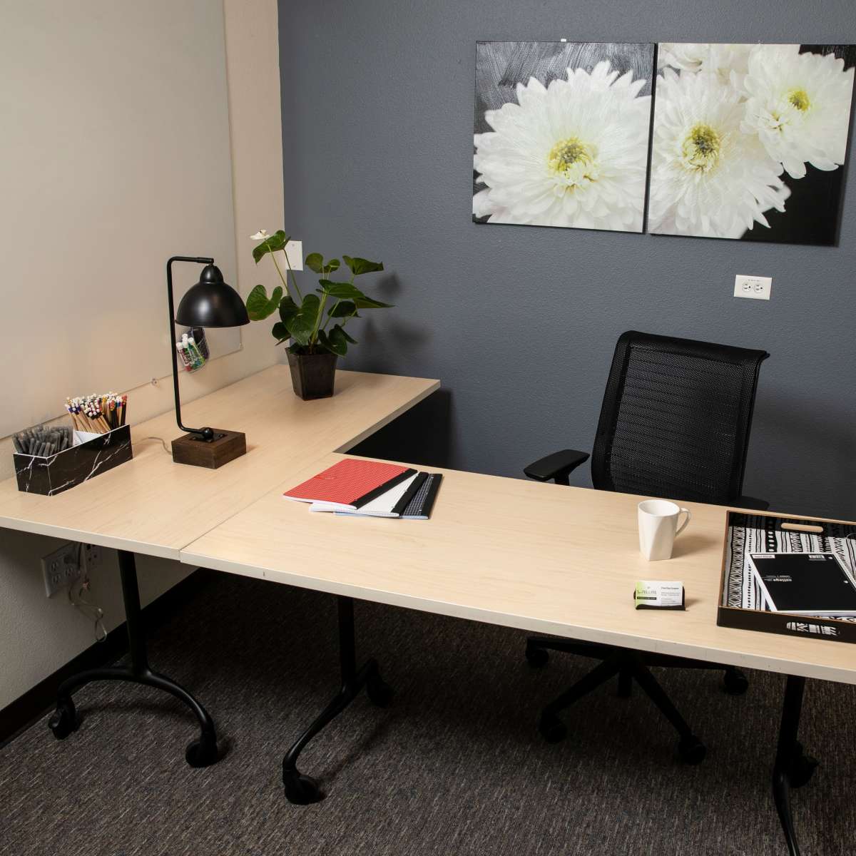 A modern office space with an L-shaped desk, a black office chair, a lamp, a small plant, and various office supplies arranged neatly.
