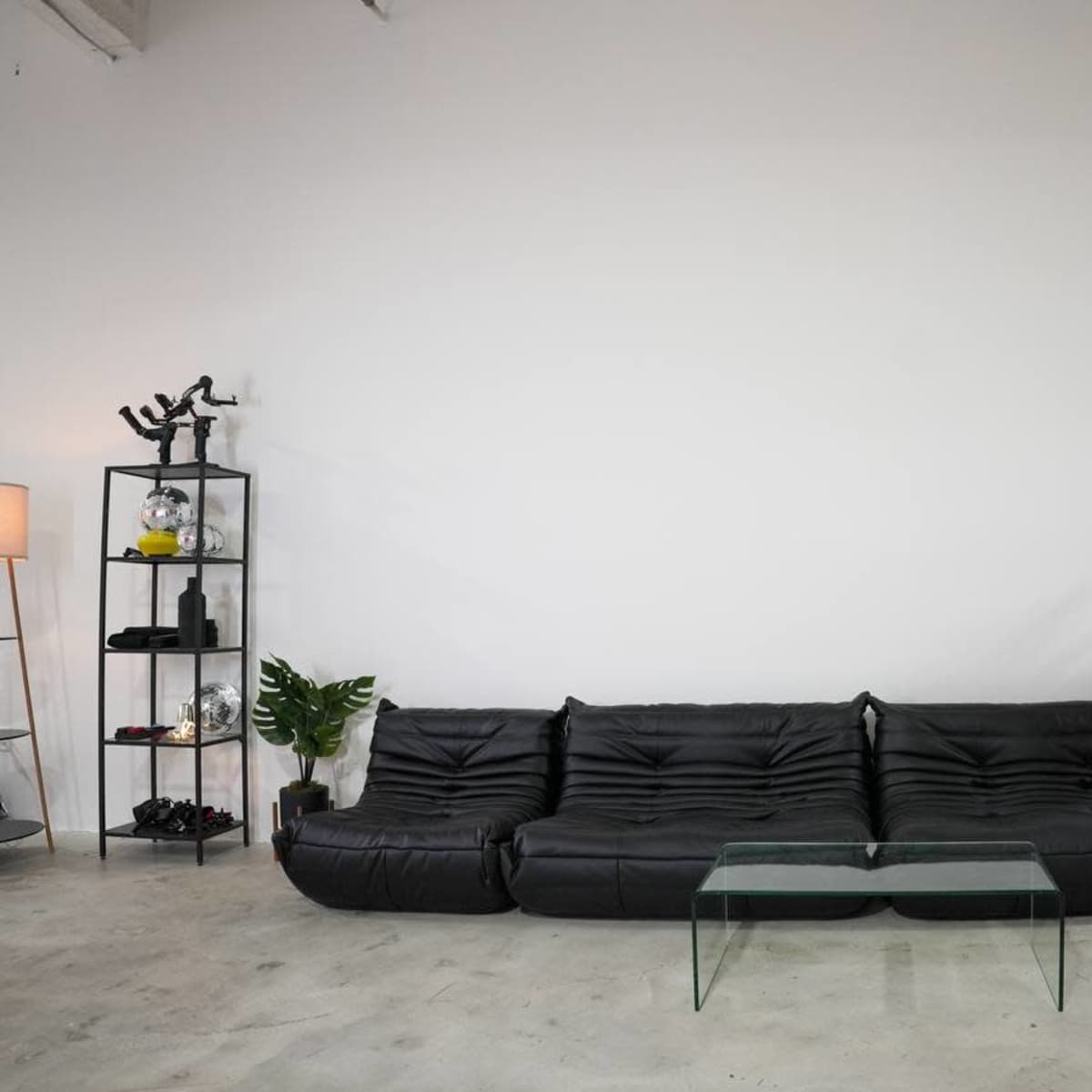 A black leather couch facing a clear glass coffee table in a minimalist room with white walls, a plant, and a shelving unit.