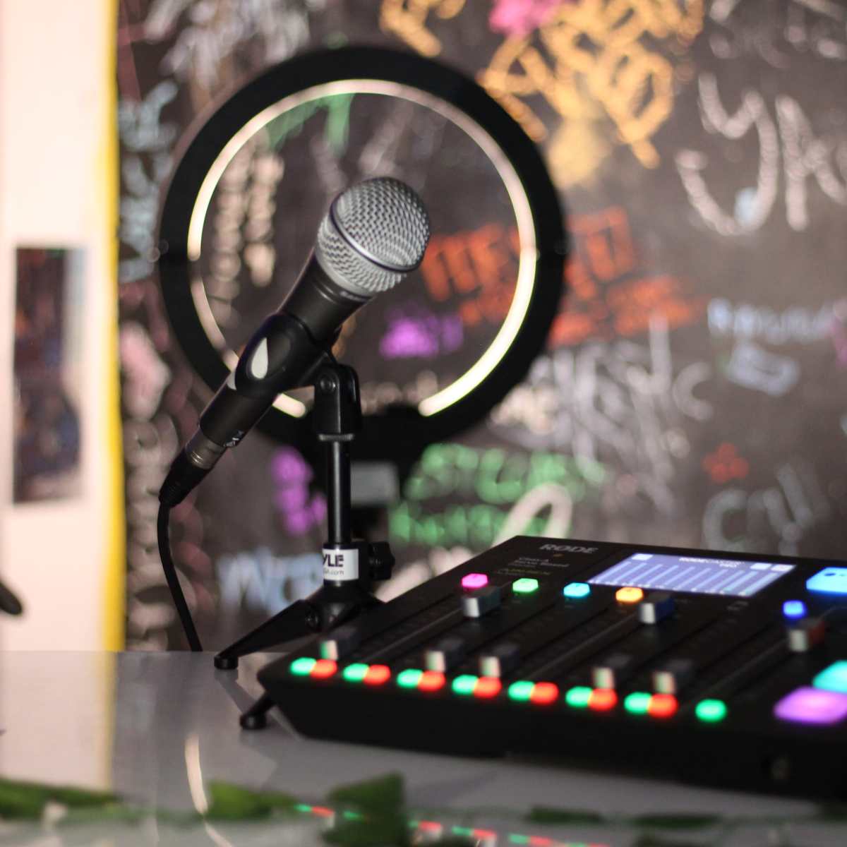 A microphone stands on a stand next to a colorful audio mixer, set against a wall covered in chalk graffiti.