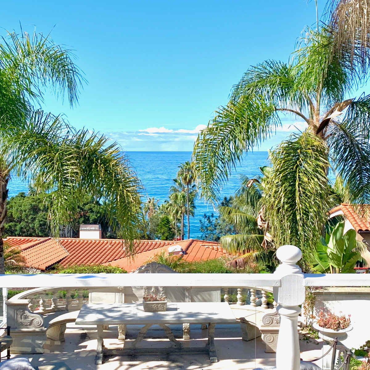 A balcony view shows a vibrant coastal landscape with palm trees framing the ocean and red-tiled roofs in the foreground.