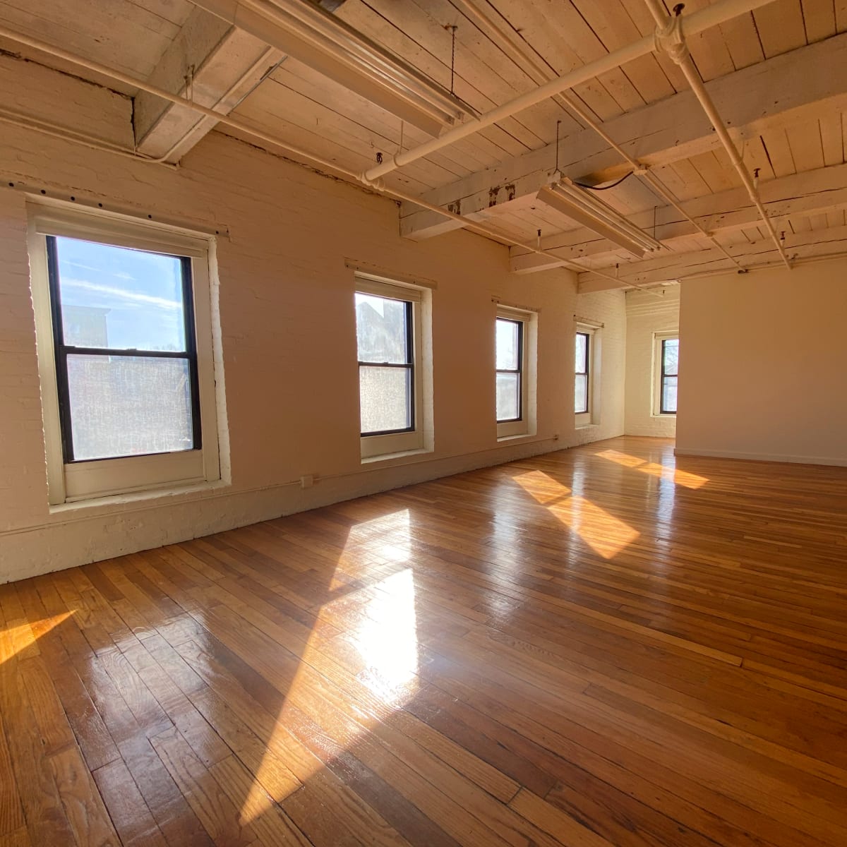 A spacious, empty room with hardwood floors and multiple windows allowing natural light to enter.