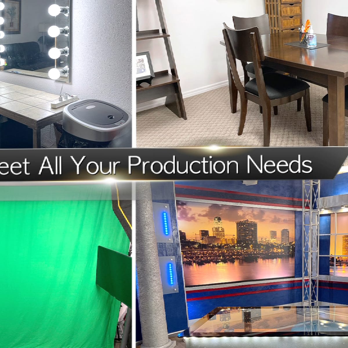 A collage featuring a vanity setup with lights, a dining table with chairs, a green screen backdrop, and a professional-looking studio set.