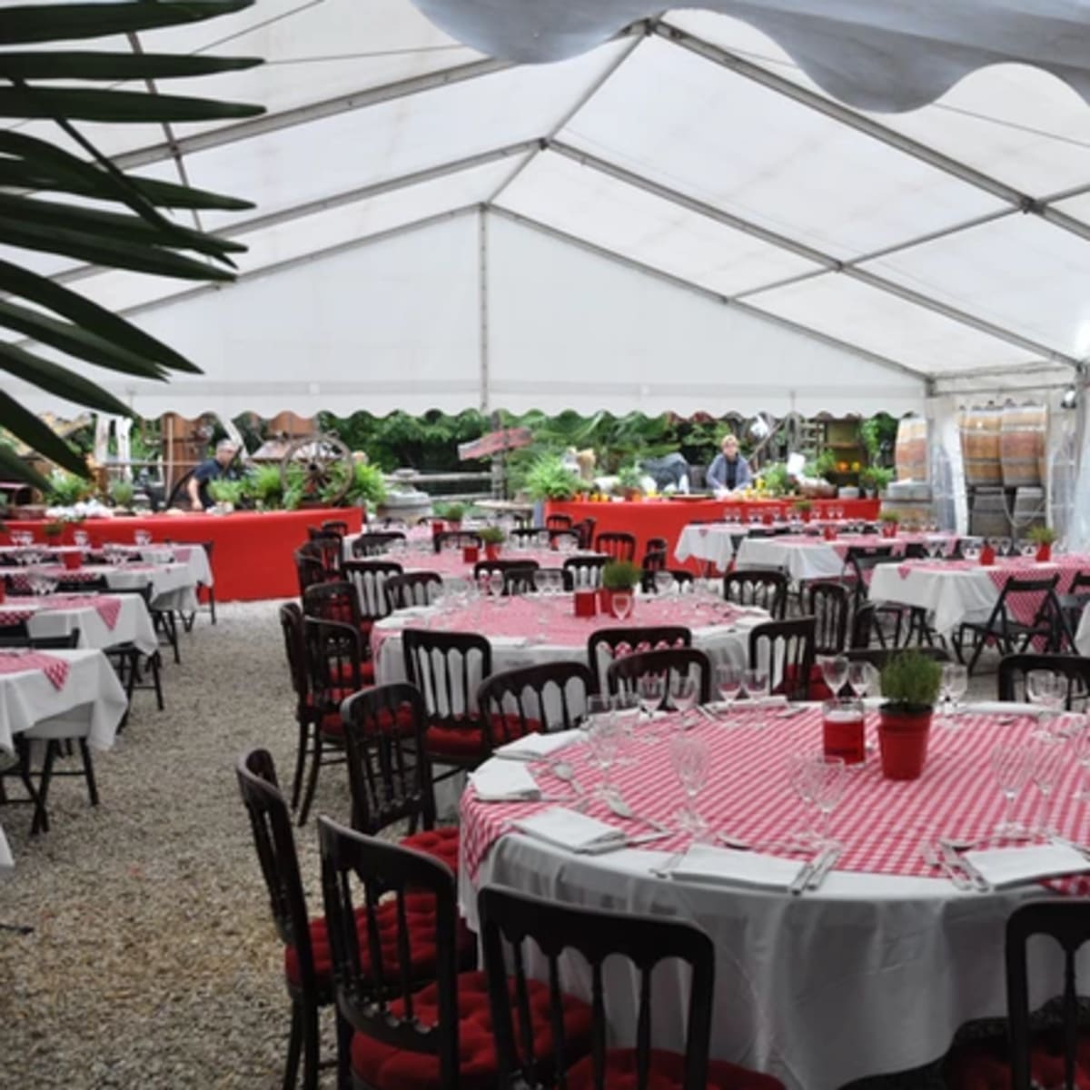 A large tented dining area features round tables dressed in red and white checkered cloths, surrounded by chairs, with food displays and wine barrels in the background.