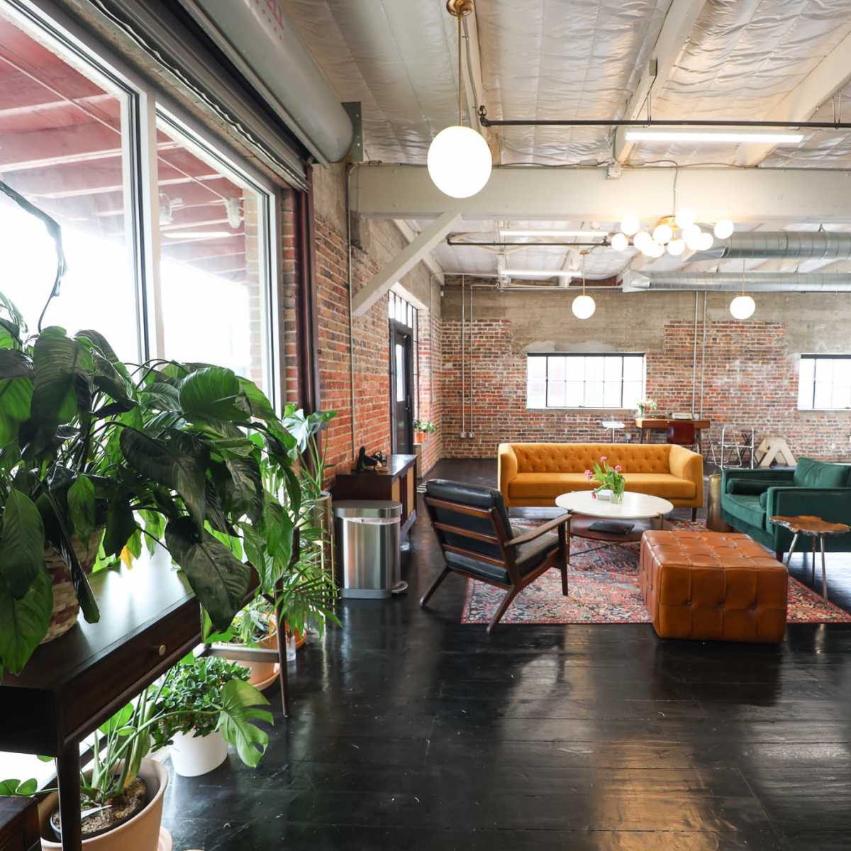 A spacious, modern interior with comfortable seating arrangements, large windows, and various green plants.