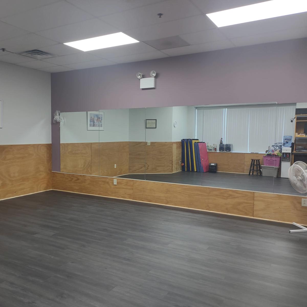 A spacious, empty room with wooden paneling, a large wall mirror, and exercise equipment stored in the corner.