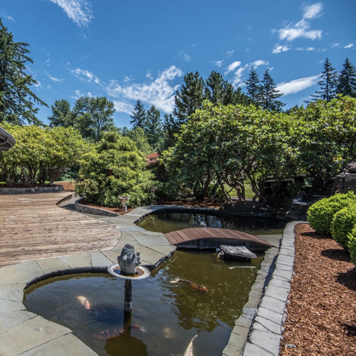 A landscaped backyard with a wooden deck, a koi pond, and a small arched bridge surrounded by greenery.
