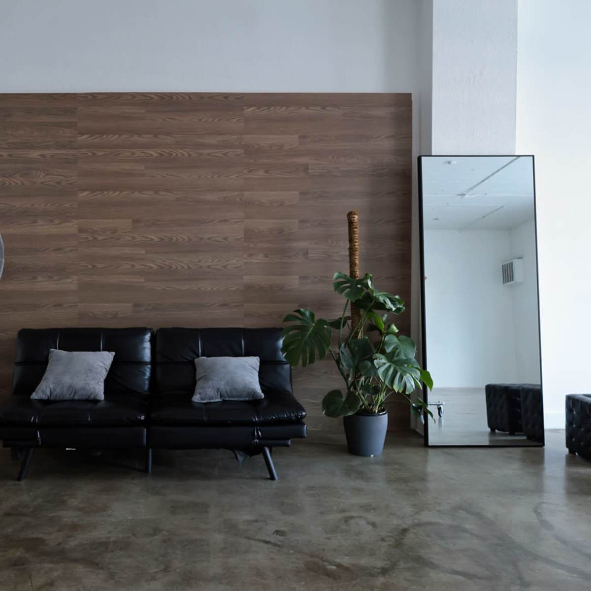 A minimalistic living space featuring a black sofa, a floor fan, a large mirror, a potted plant, and an old television against a wooden wall.
